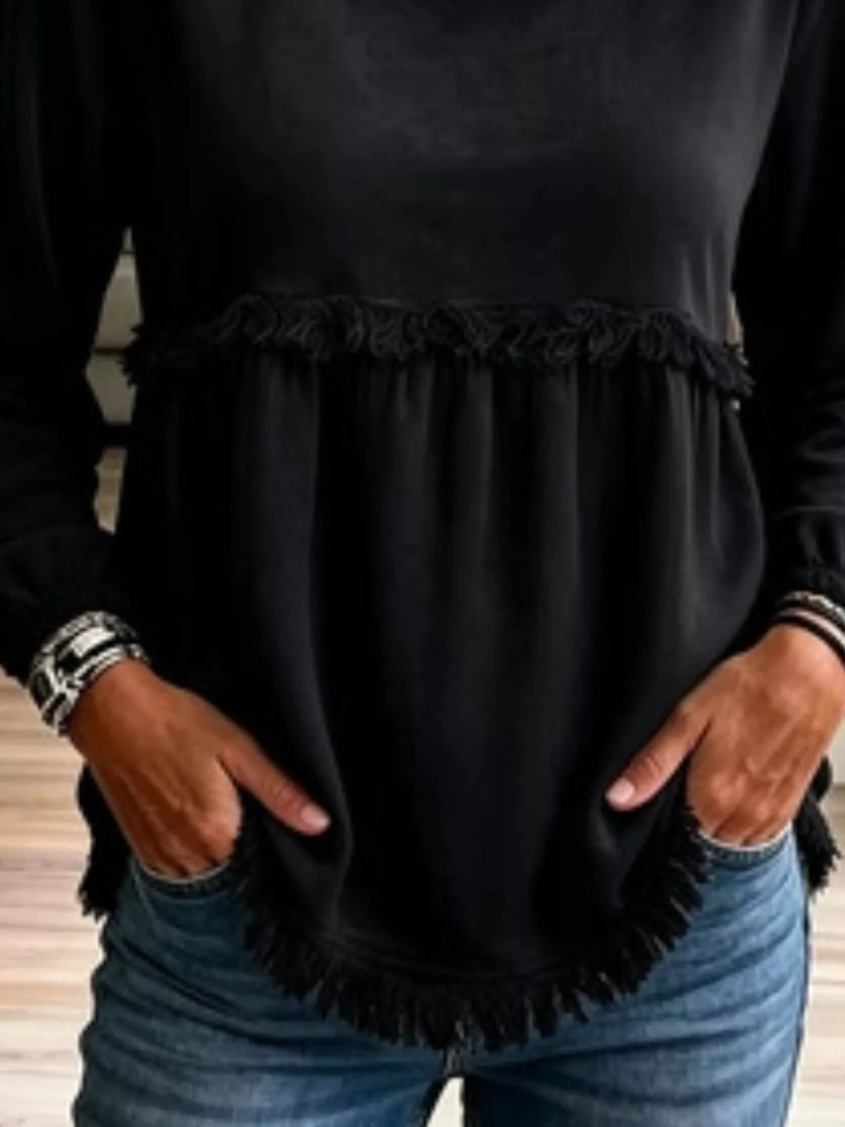 Trendsi Fringed Hem Long Sleeve T-Shirt -