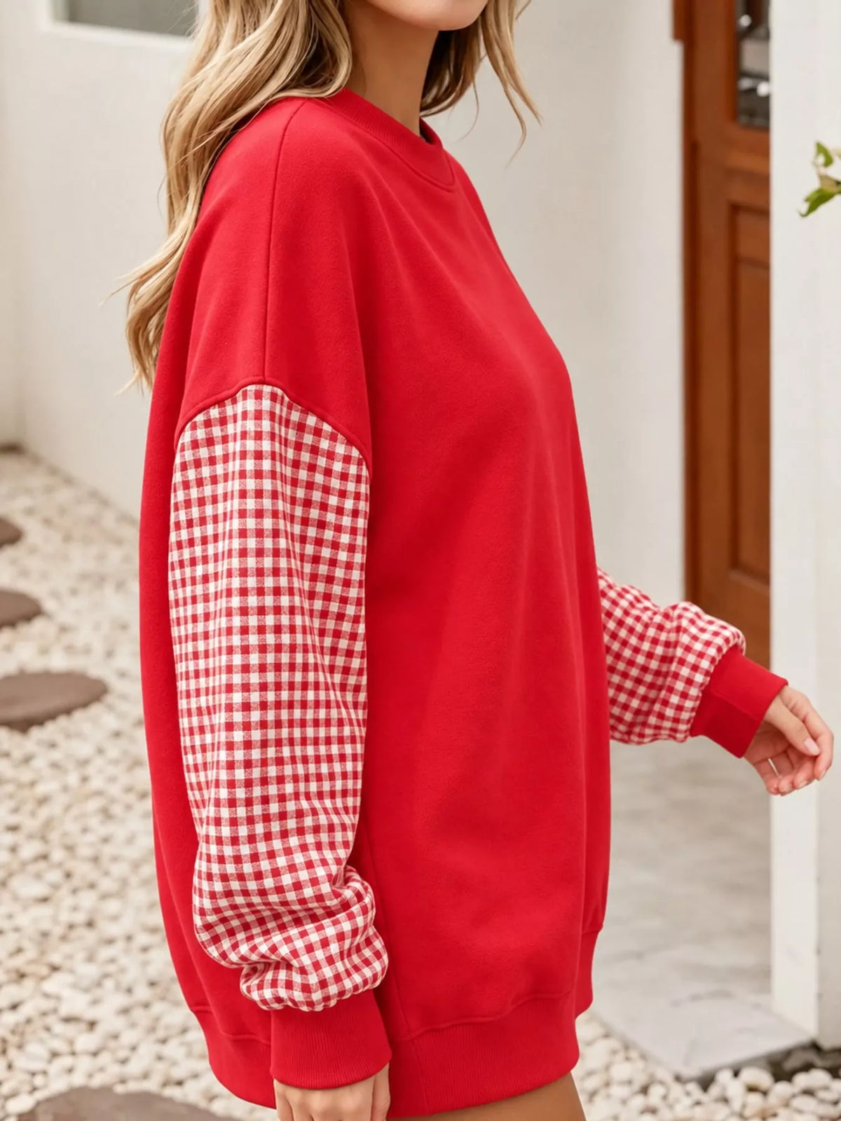Red and white gingham sleeve dropped shoulder sweatshirt, side view