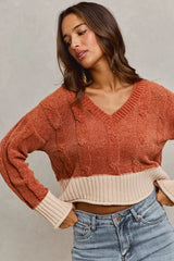 Trendsi SO ME Chenille Cable Knit V Neck Contrast Cropped Sweater -