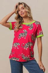 Trendsi BiBi Big Tiger Print Jersey Contrast Ringer Top - Shirts