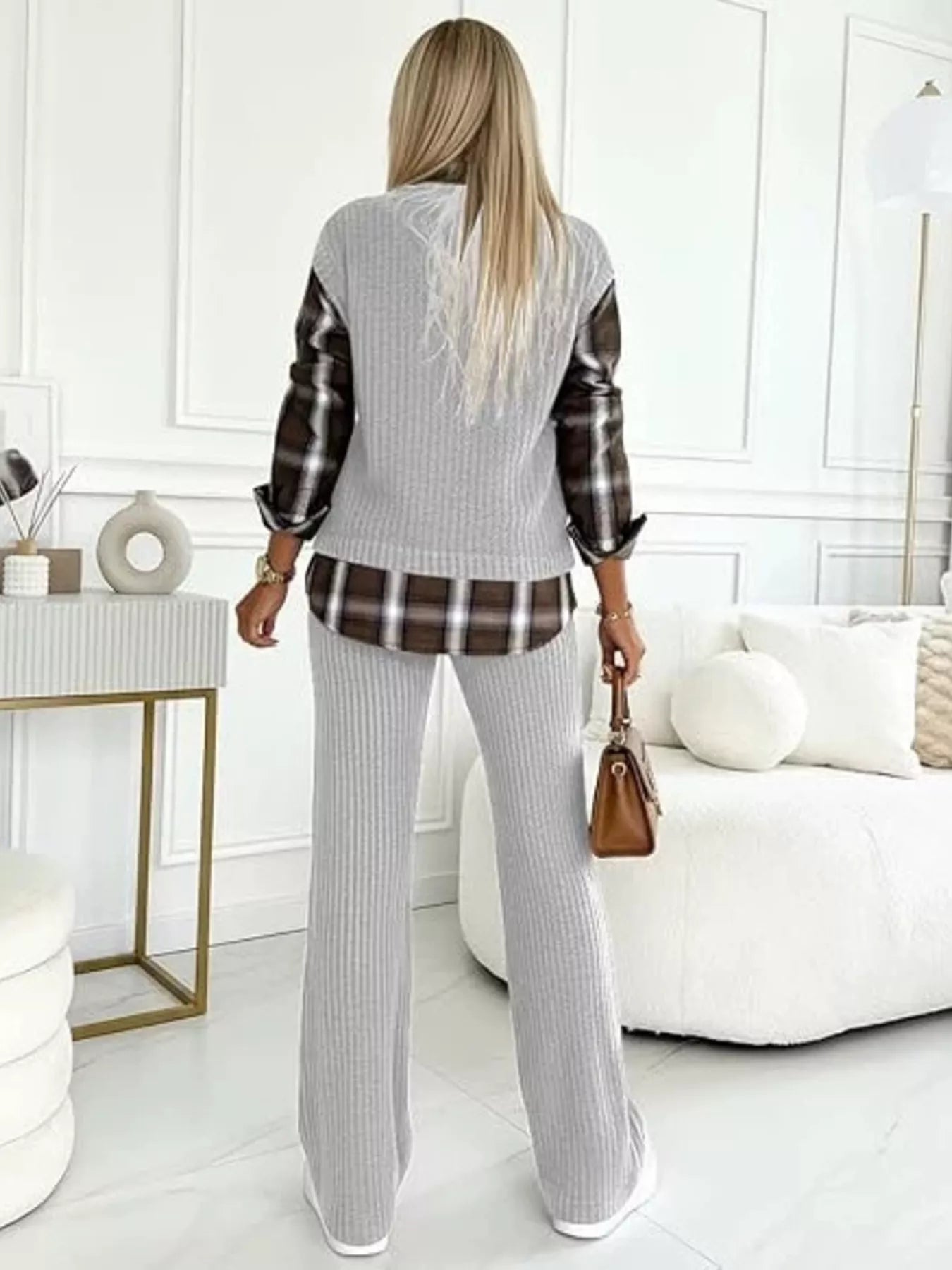 Trendsi Ribbed Knit Plaid Sleeve Top & Pants Set -