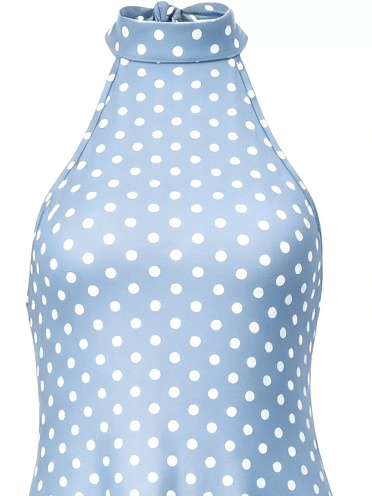 Light blue and white polka dot halter neck mini dress, detail view