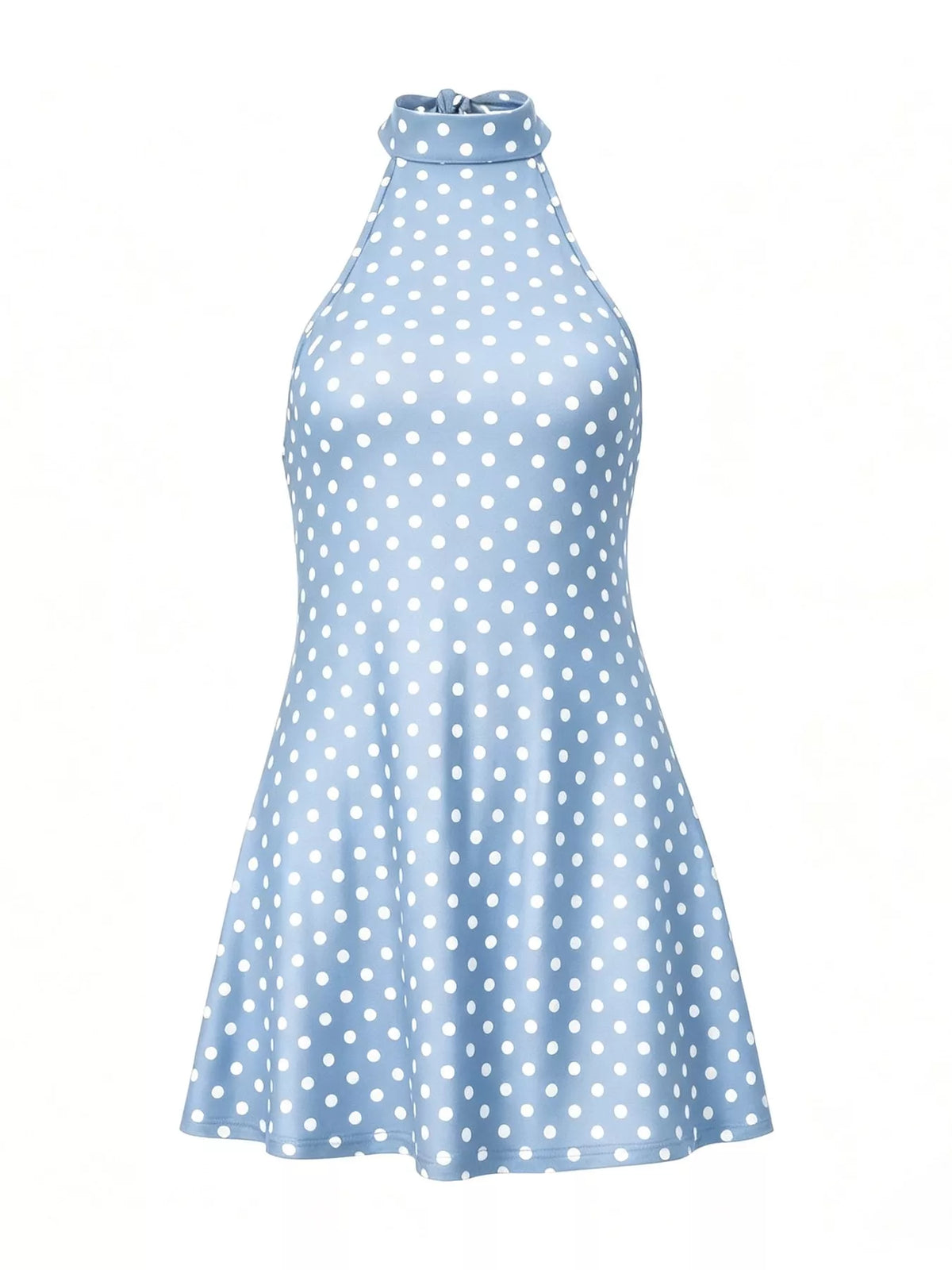 Light blue and white polka dot halter neck mini dress, front view