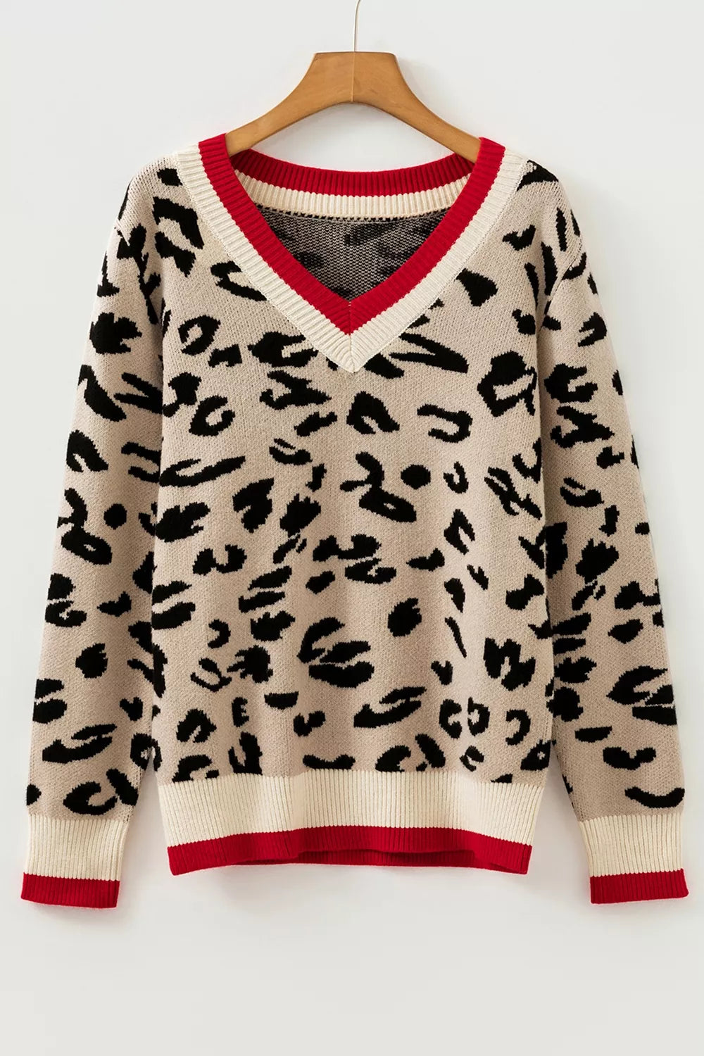 Trendsi Leopard Pattern V-Neck Contrast Rib Knitted Sweater -