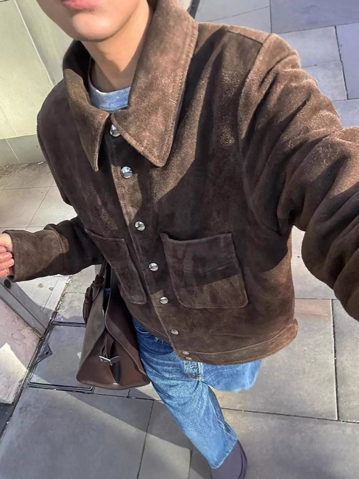 Brown-Turn-Down Collar Single-Breasted Suede Jacket vintage style suede button-down jacket