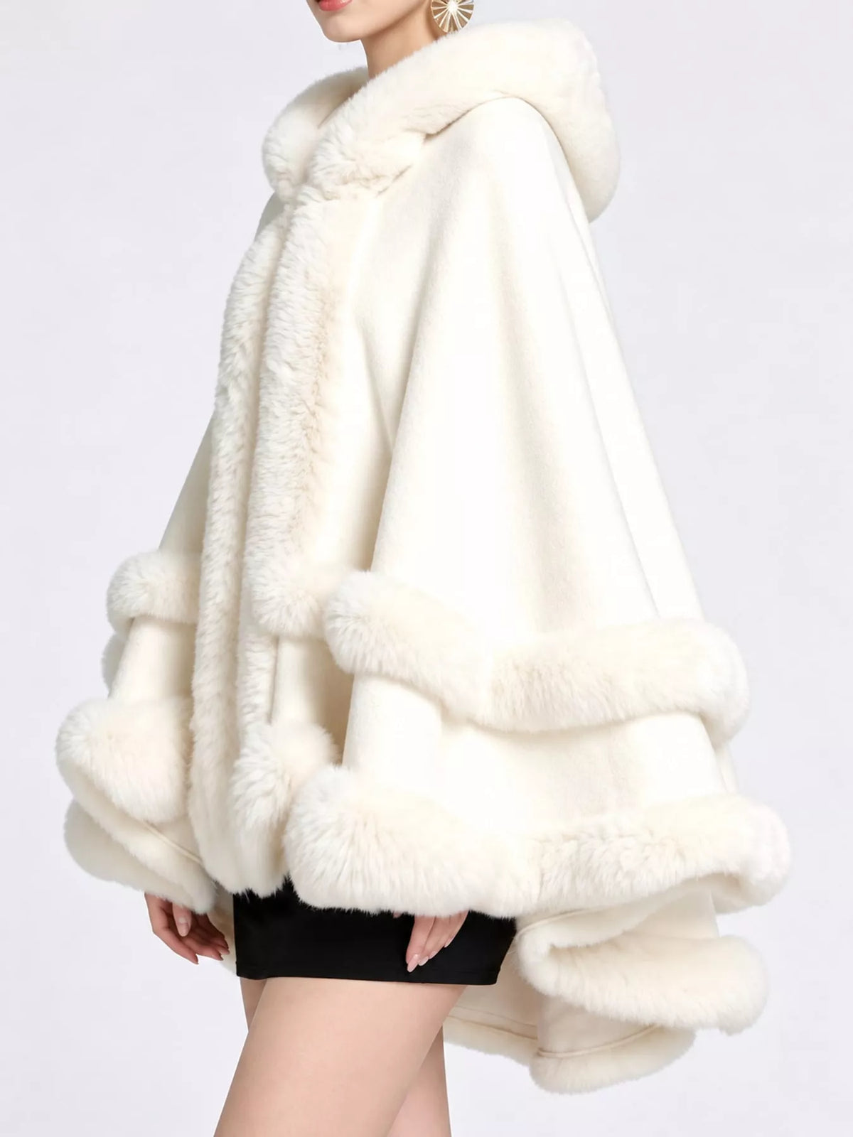 Faux-fur-trim cape, white side