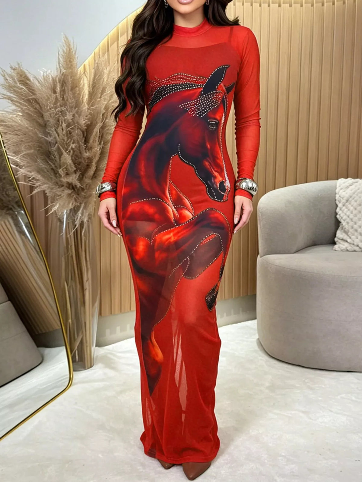 Trendsi Cami Dress and Rhinestone Horse Mesh Maxi Dress Set -