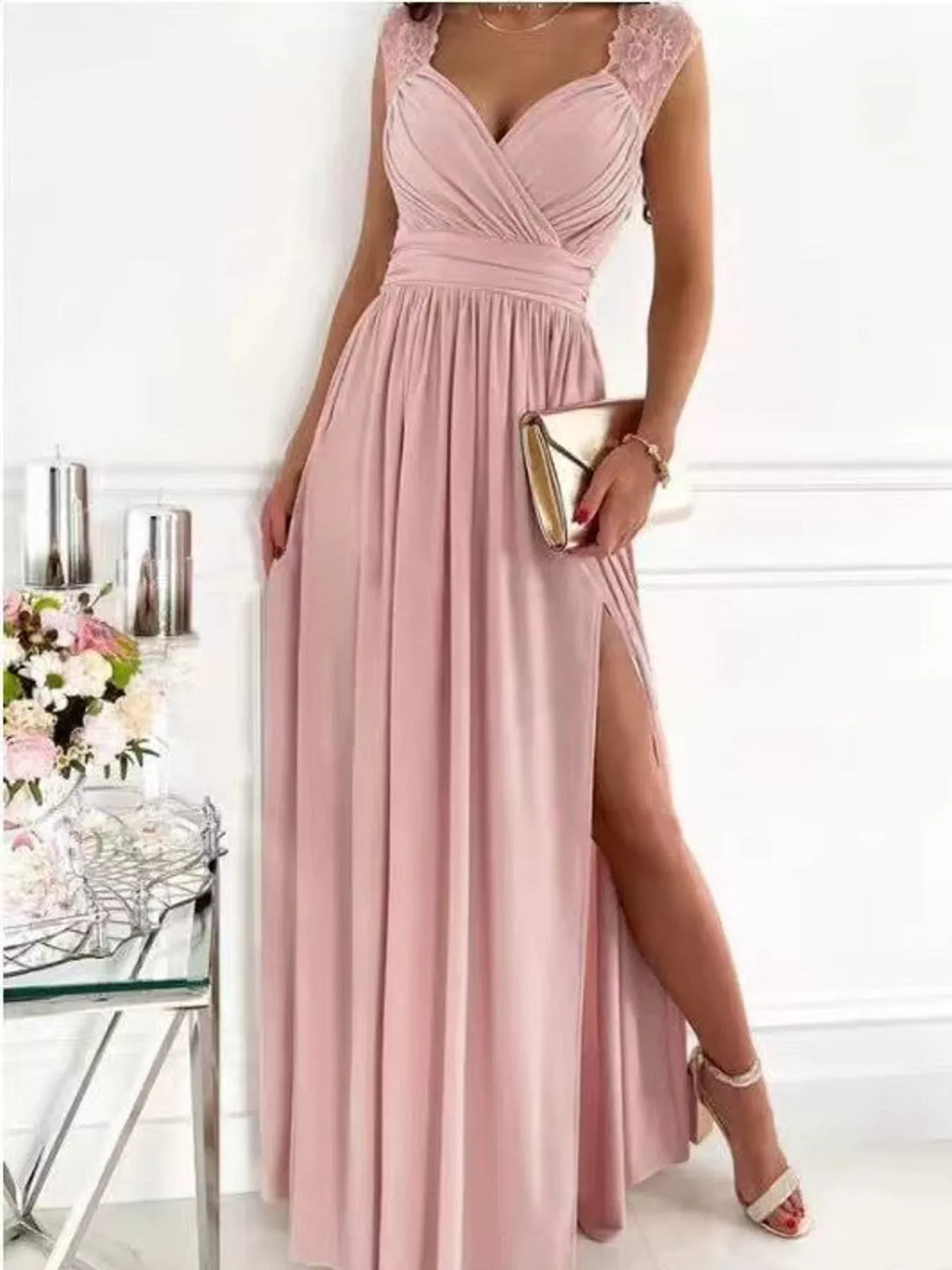 Slit Lace Sleeveless Maxi Dress — front view