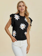 Trendsi Double Take Full Size Ruffled Flower Round Neck Cap Sleeve Sweater -