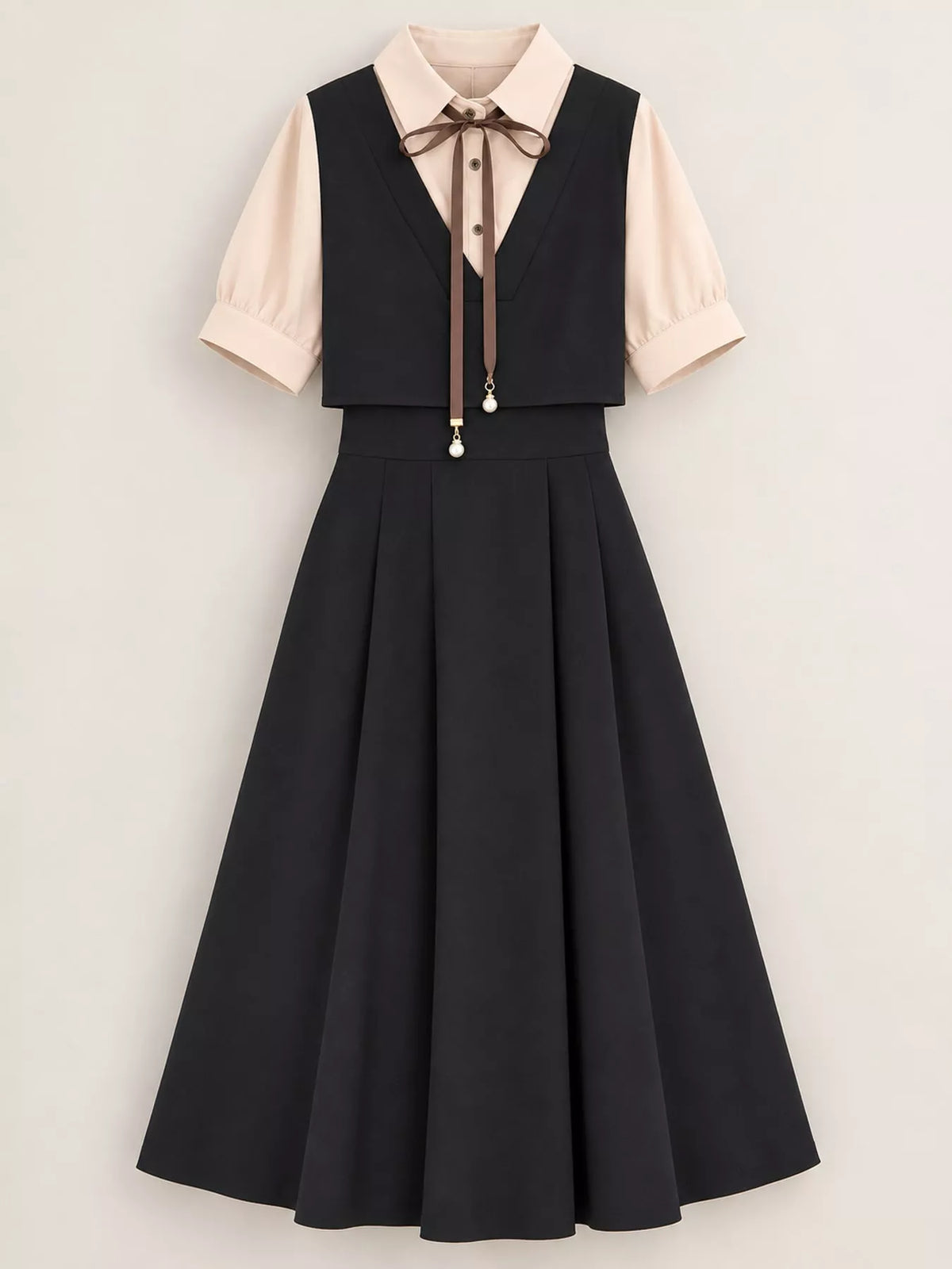 Women's Contrast Short Sleeve Pleated Midi Dress in black — flat lay view