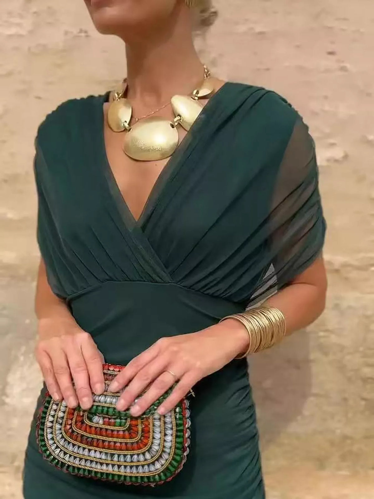 Olive Green ruched dress, detail view