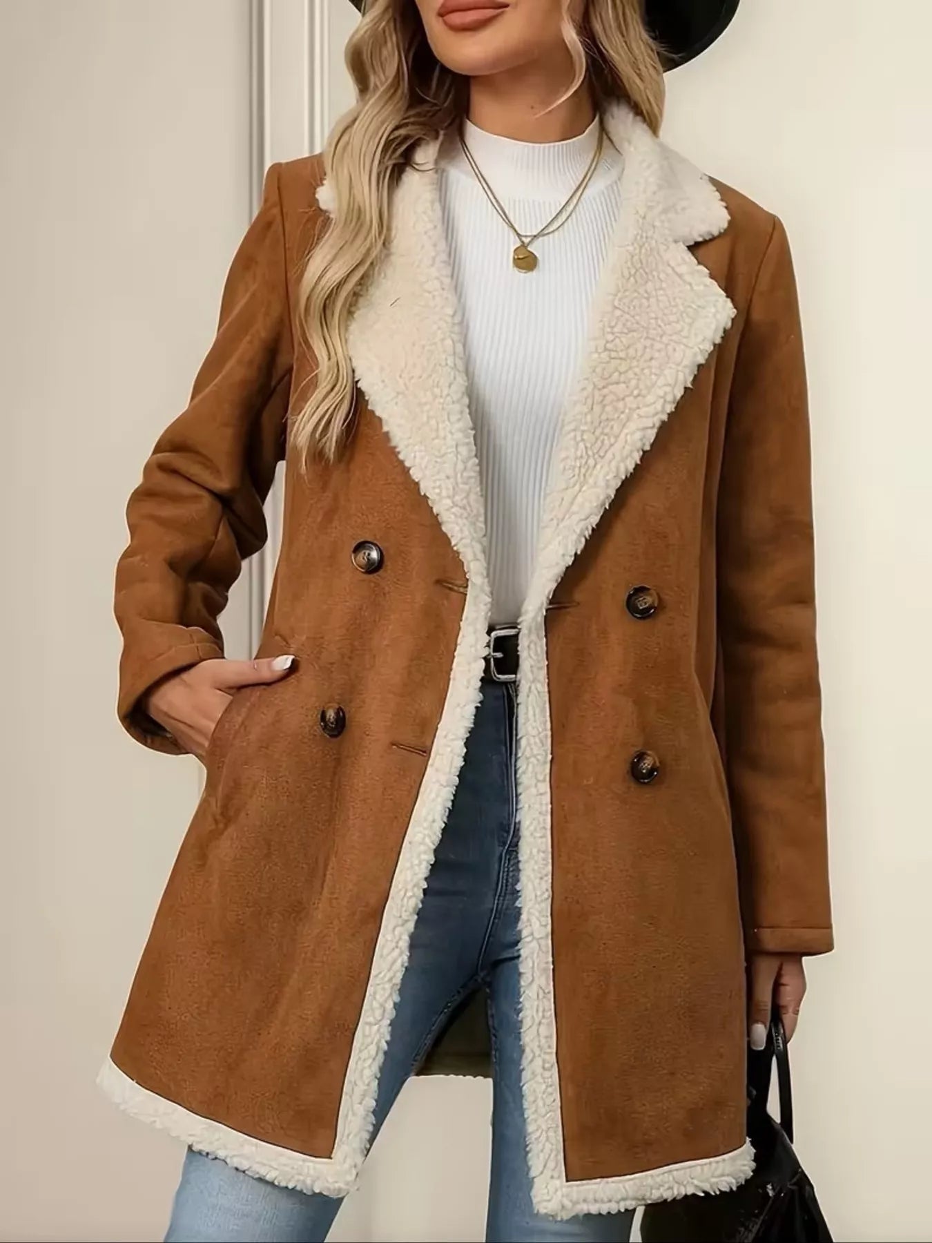 Trendsi Double-Breasted Suede Outerwear -