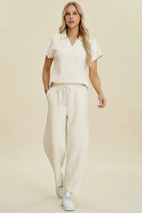 Trendsi Double Take Full Size Collared Neck Short Sleeve Top and Pants Set -