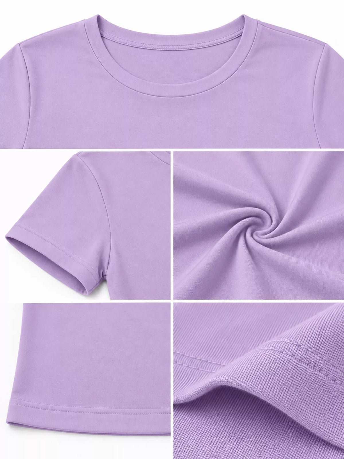 Purple crew neck crop T-shirt, fabric and neckline detail collage