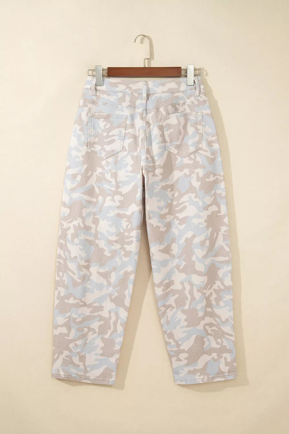 Beige camouflage barrel jeans, back on hanger