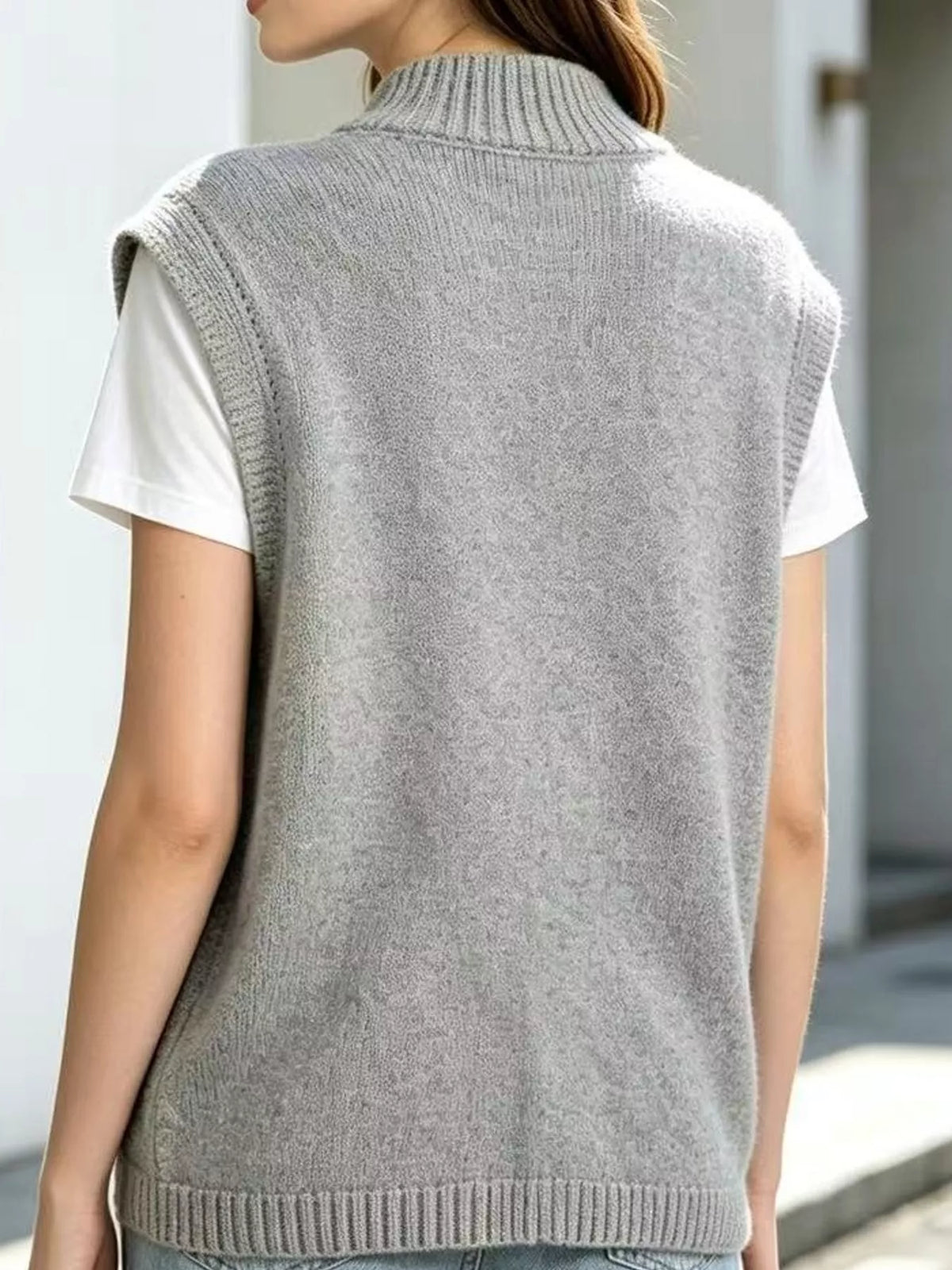 Mock Neck Asymmetrical Hem Knit Sweater Vest, back view in gray