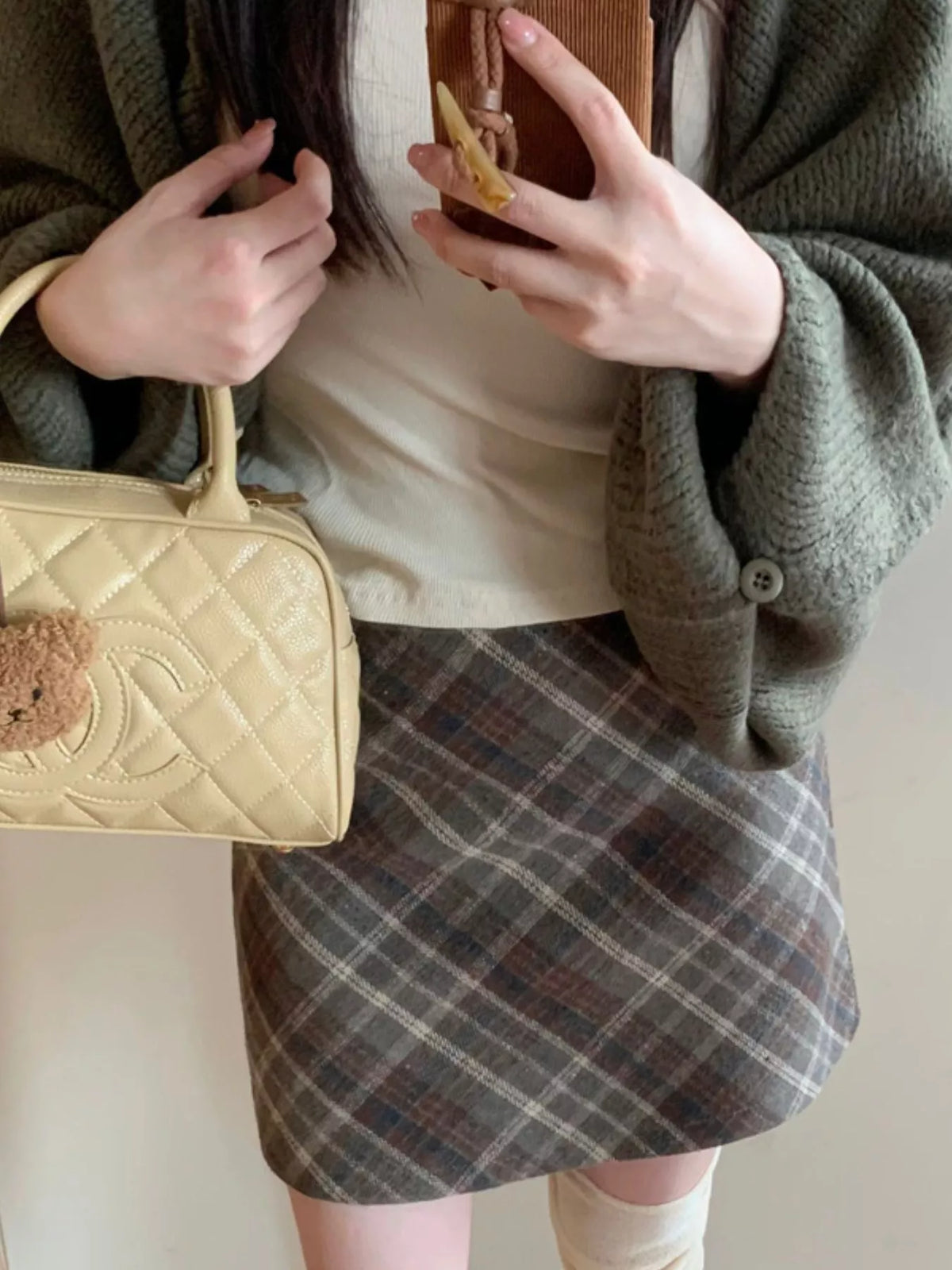 Coffee vintage plaid a-line mini skirt
