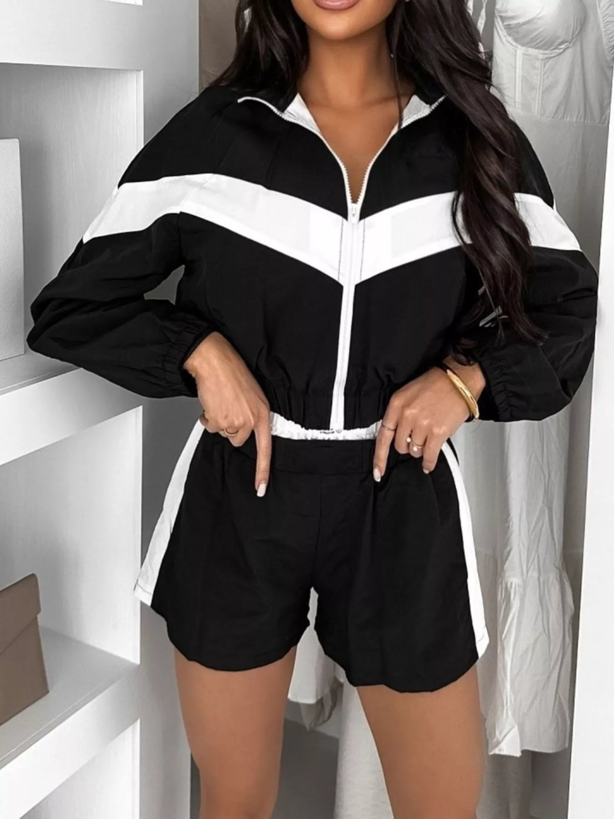 Trendsi Color Block Zip-Up Jacket and Shorts Two-Piece Set -
