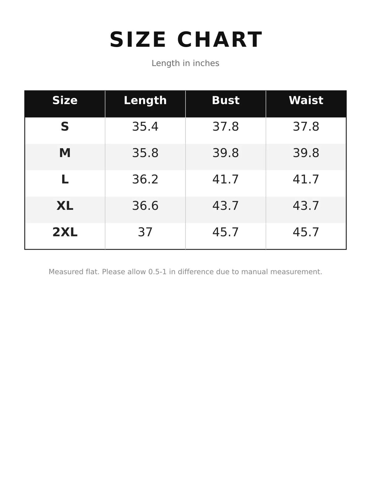 Round neck 3/4 sleeve mini dress, size and measurement chart