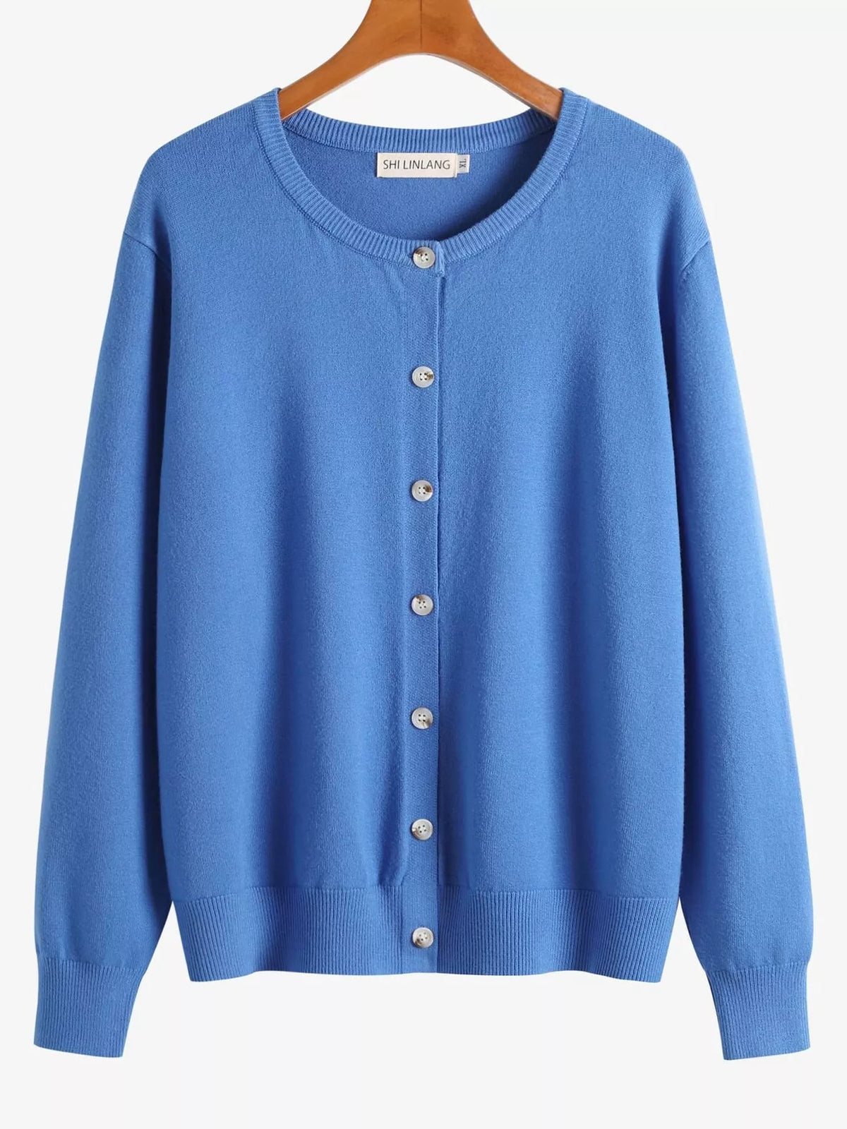 Blue crew neck button down knit cardigan, front view