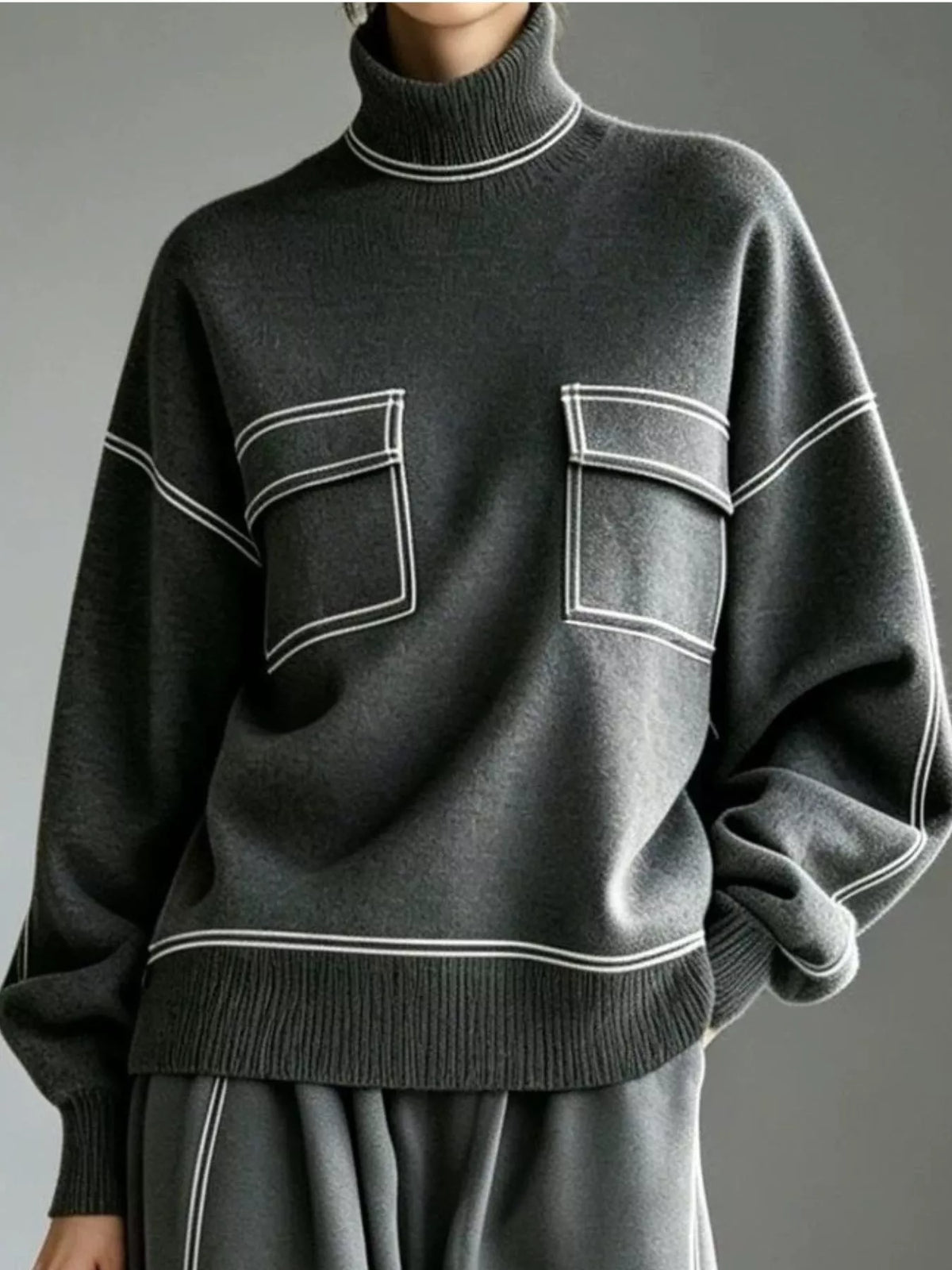 Sweater and skirt set, gray top detail