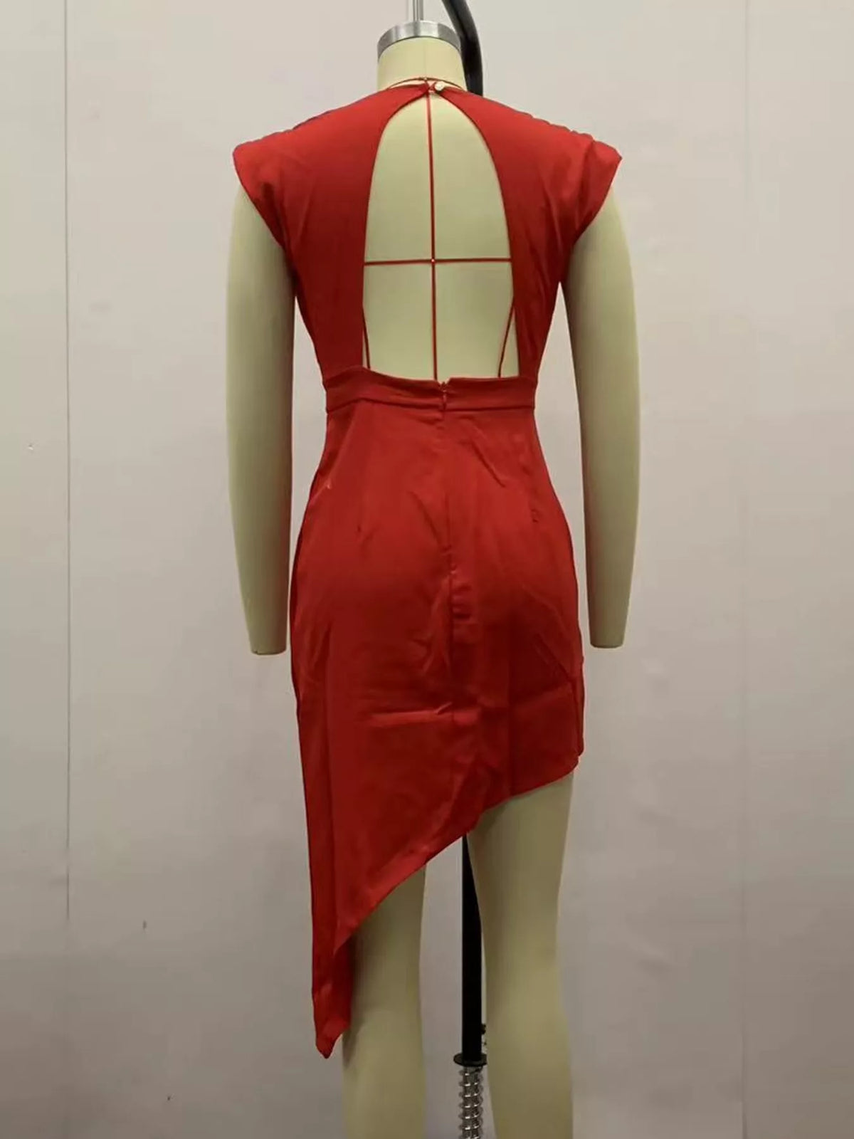 Women's Asymmetrical Backless Pleated Dress in red — mannequin back view