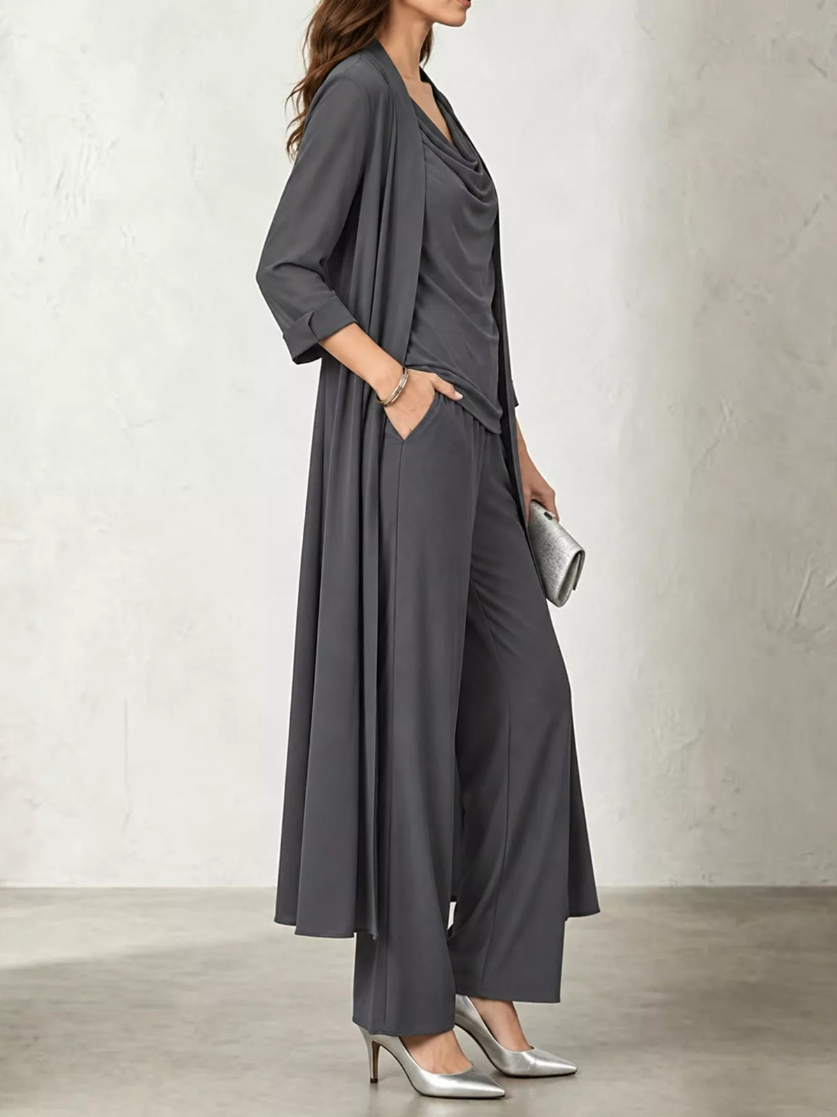 Gray cowl neck top, cardigan and pants set, side view