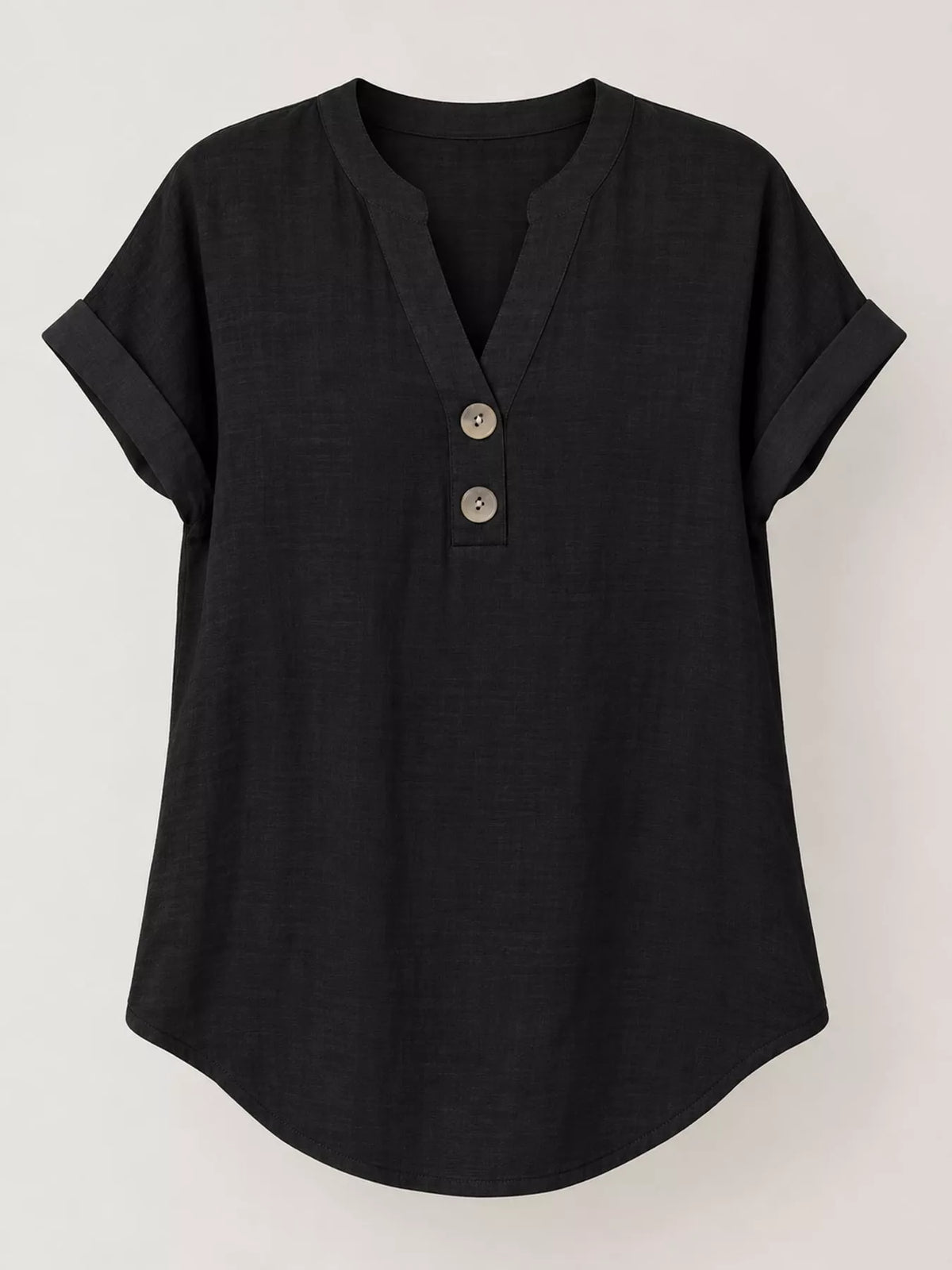 Black button detail short sleeve blouse, front view
