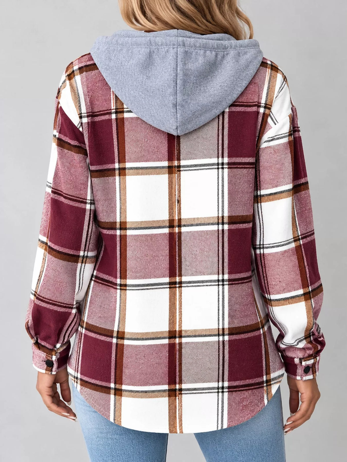 Button-Down Printed Contrast Hooded Shacket — back view