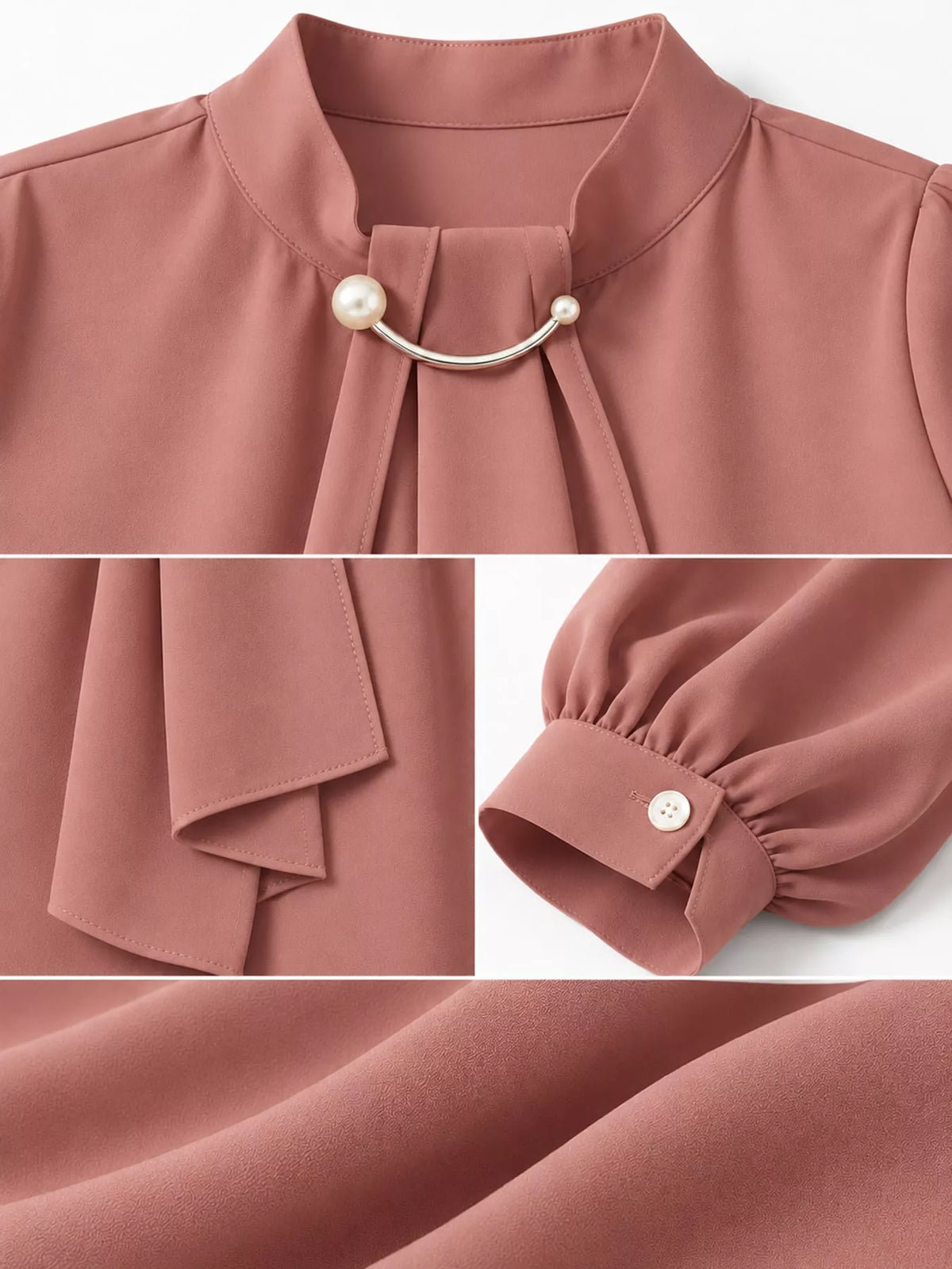 Mock Neck Blouse with Pearl Accent and Lantern Sleeves, detail view in pink