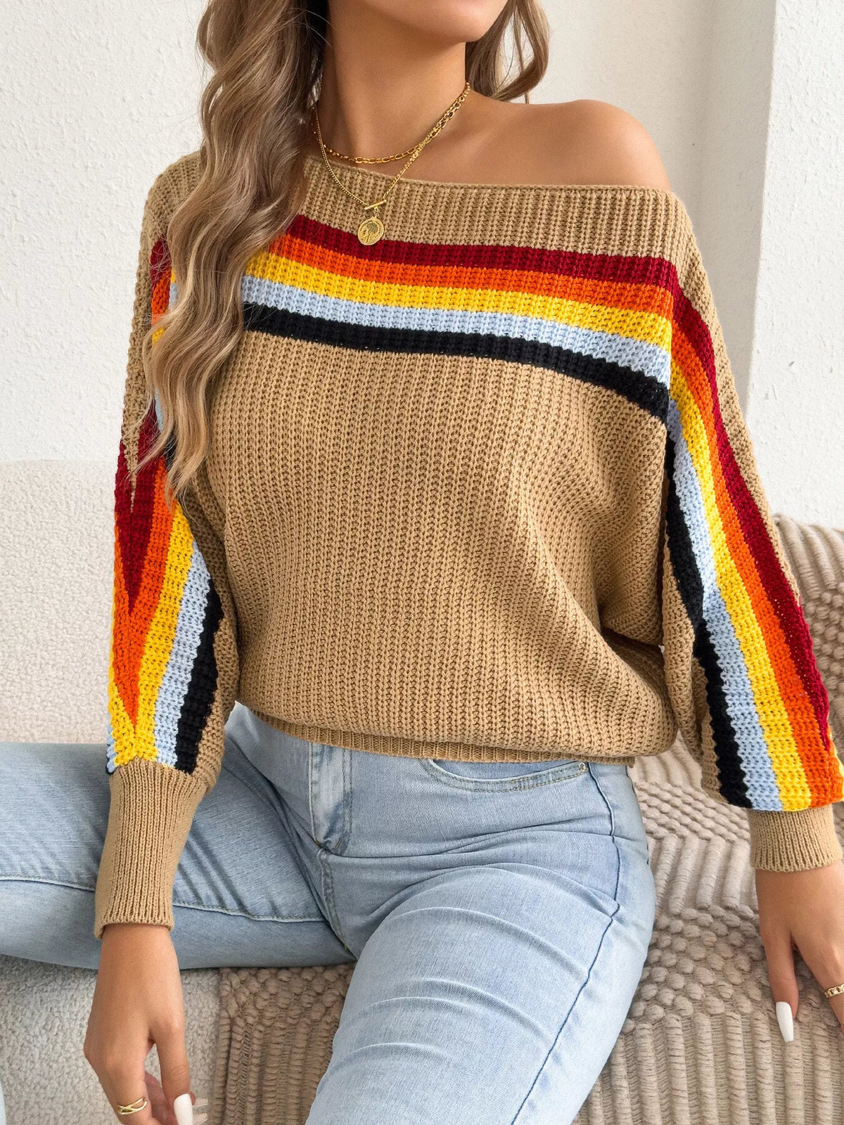 Striped Knit Boat Neck Sweater in camel, front view