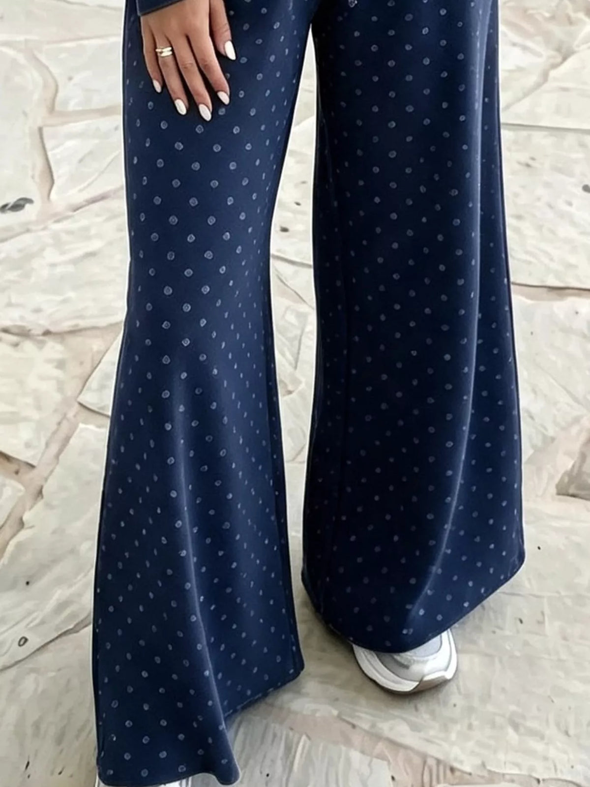 Navy swiss dot crop top and wide-leg pants set — design and construction details