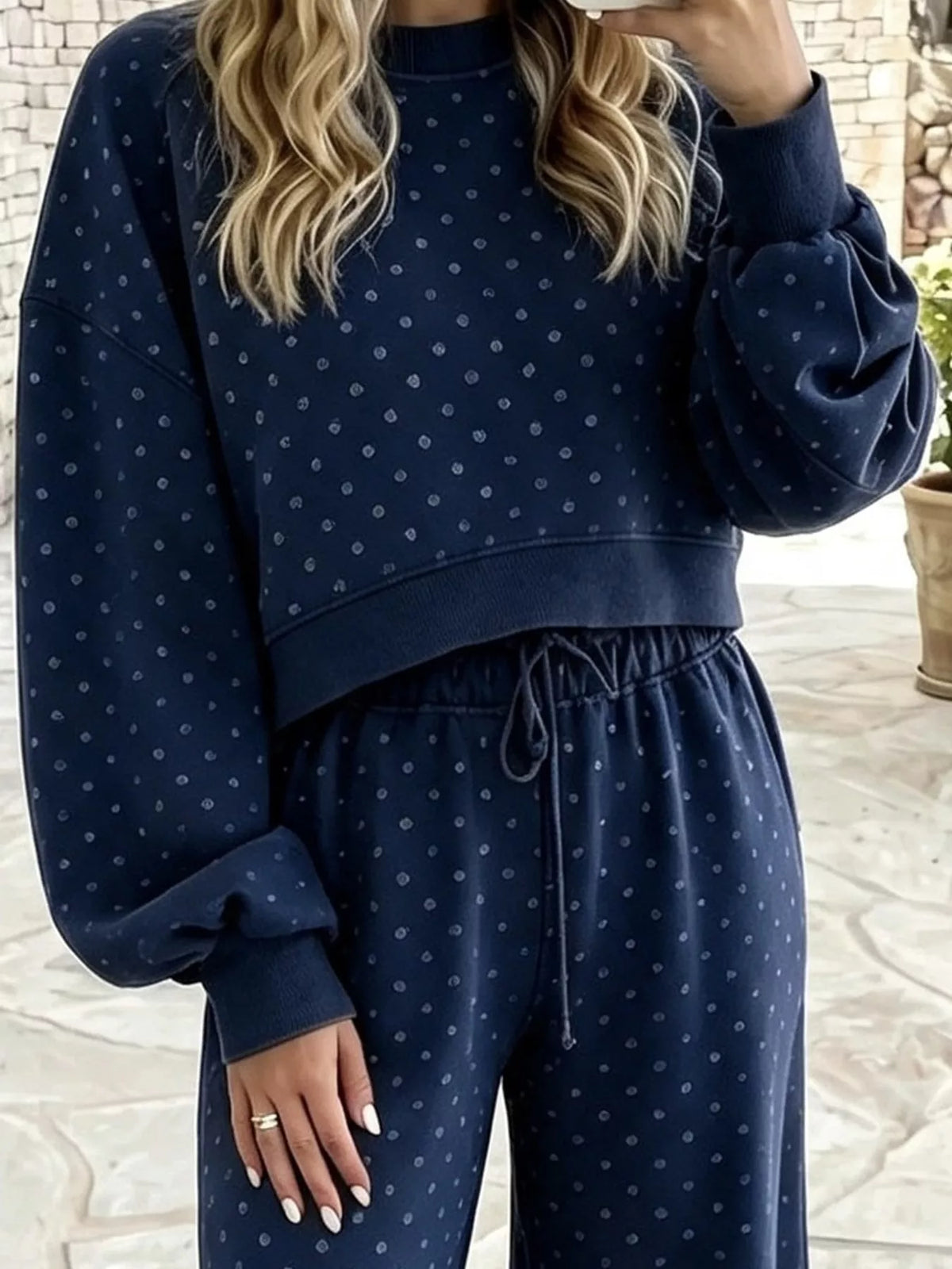 Navy swiss dot crop top and wide-leg pants set — design and construction details