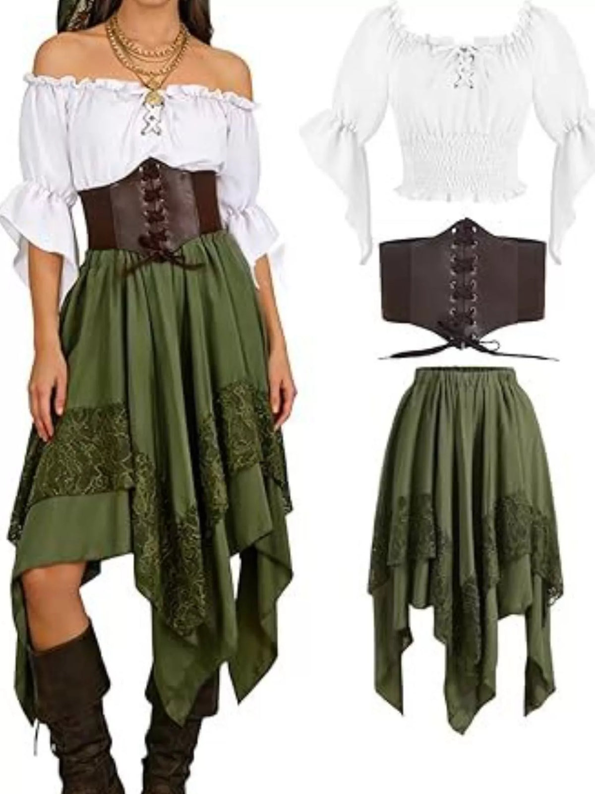 Green skirt and white top off-shoulder top, waist band and skirt set — front view