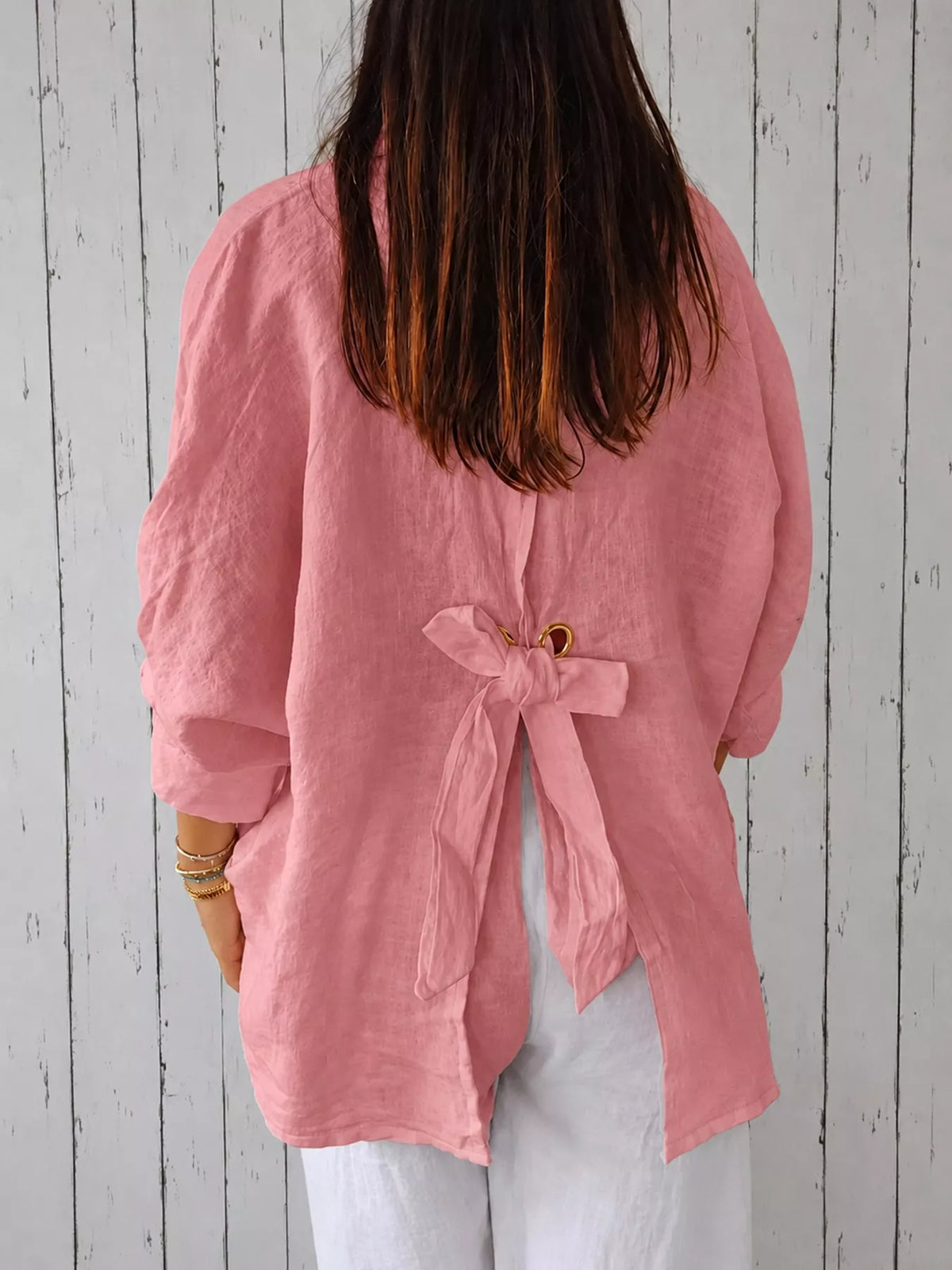 Pink loose fit tie back shirt, back view