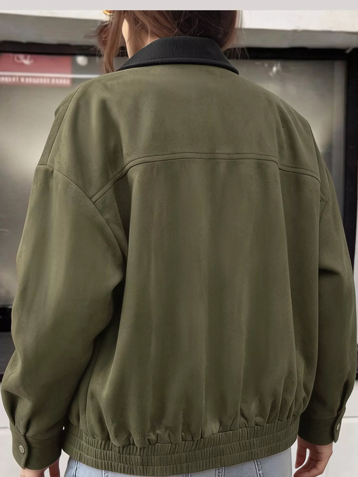 Green zip-up dropped shoulder jacket — back view