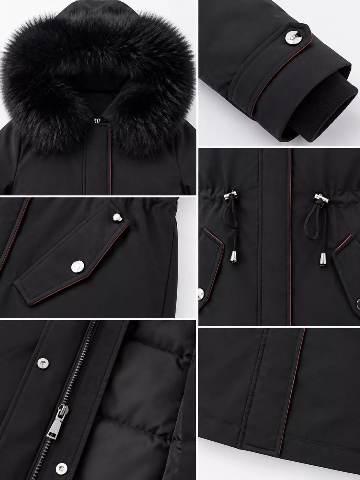 Faux-fur-trim parka, black details collage