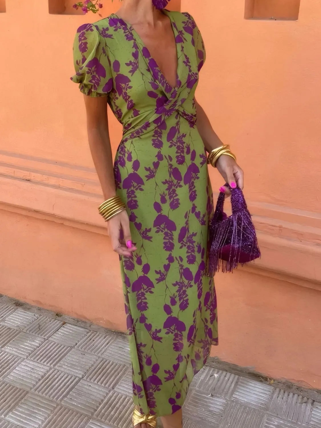 Trendsi Printed Plunge Short Sleeve Midi Dress -
