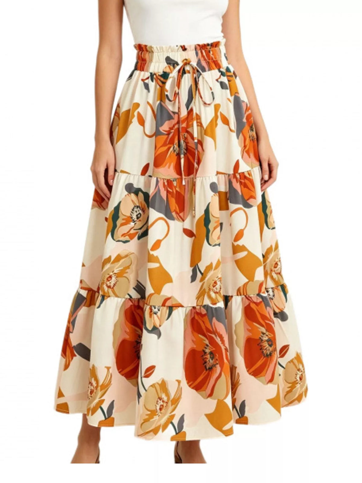 White and orange floral drawstring tiered skirt — front view