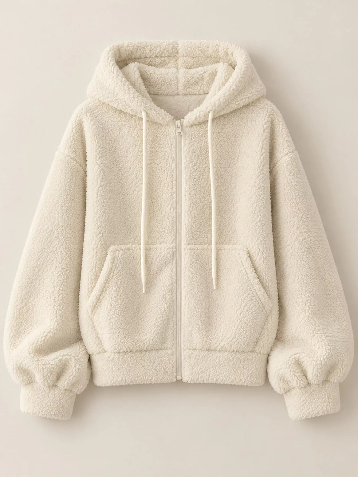 Cropped sherpa hoodie, cream flat lay