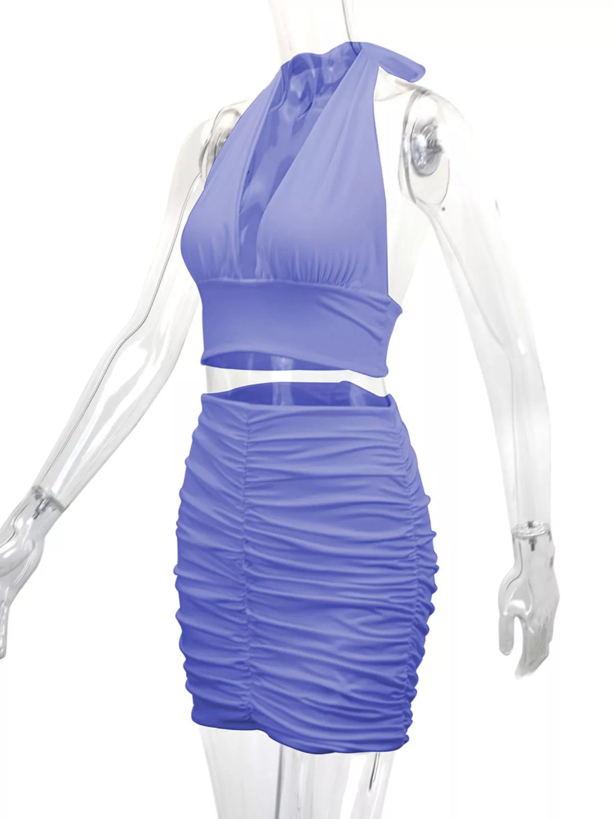 Purple halter crop top and ruched bodycon mini skirt set, side view