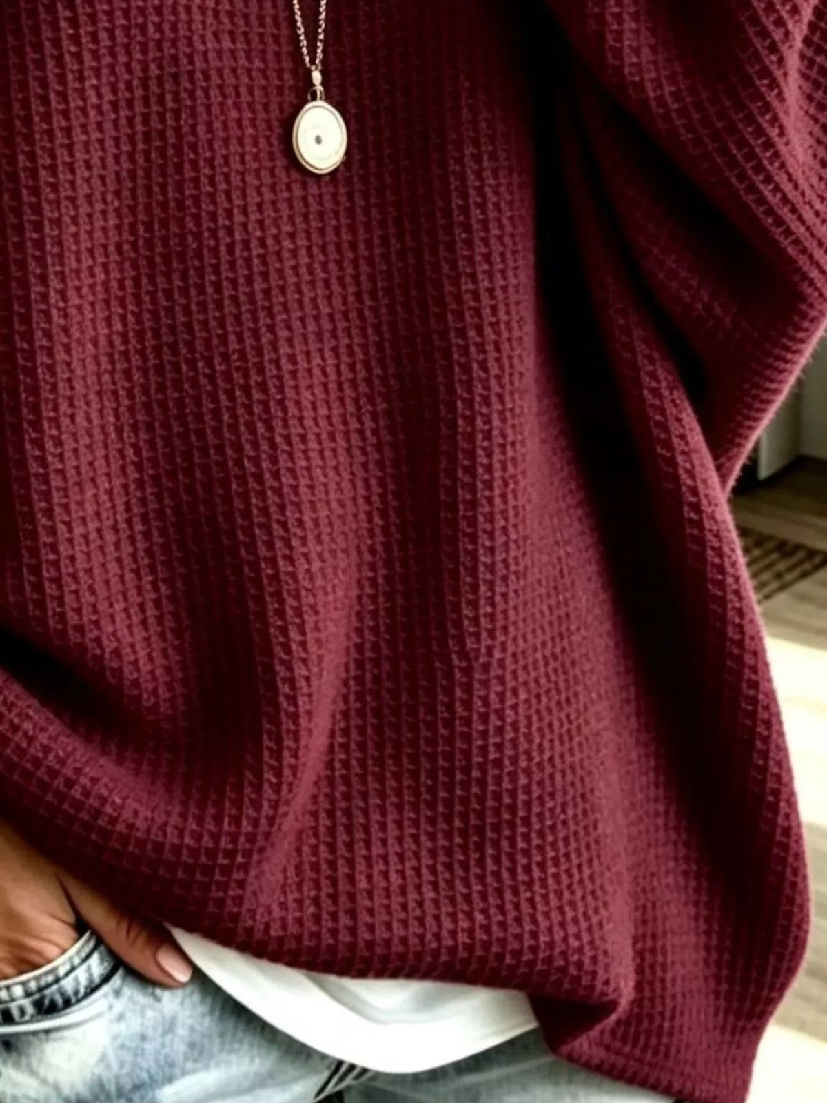 Women's Waffle Knit Boat Neck Sweatshirt in burgundy — texture detail view