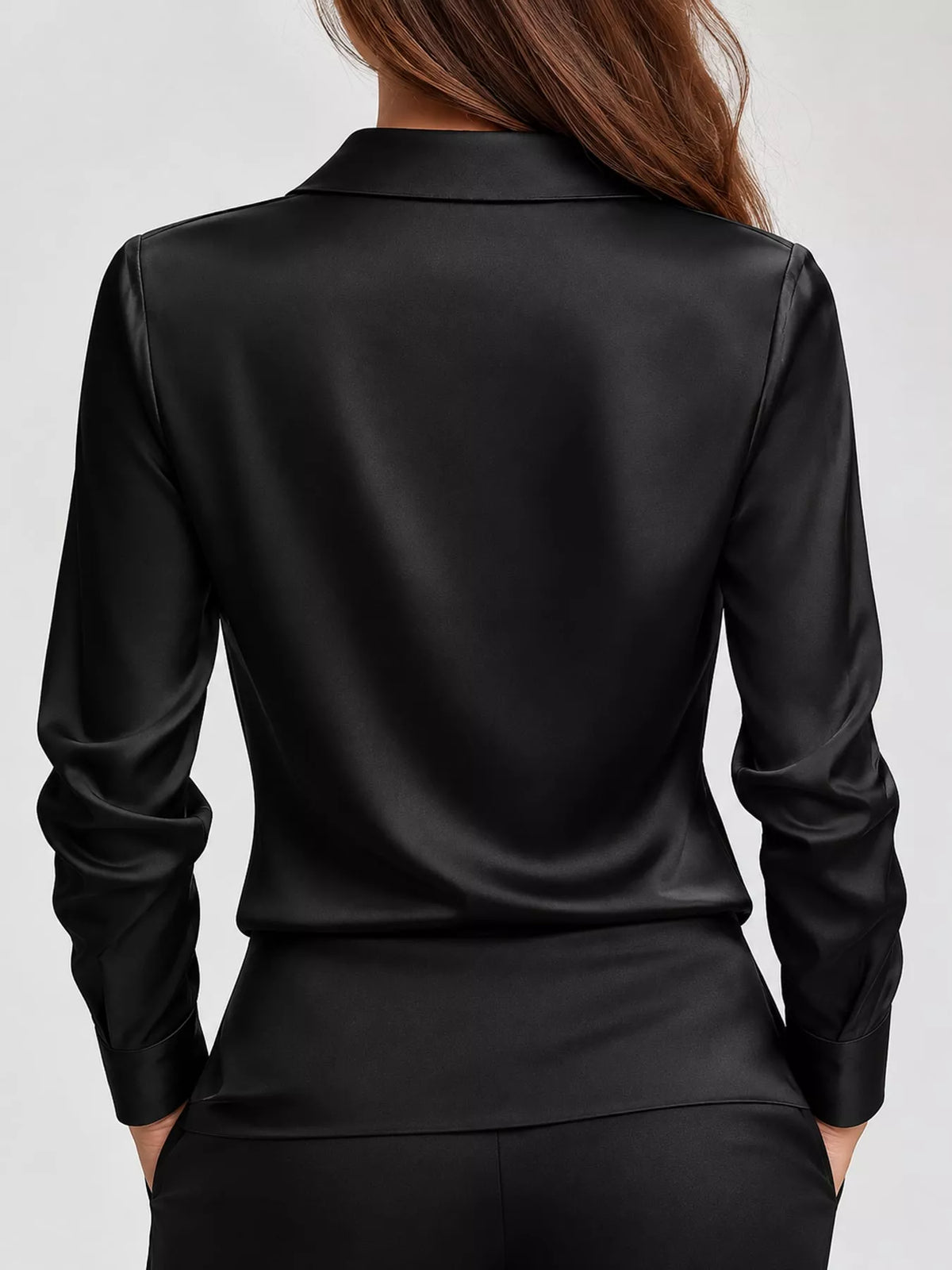 Black satin cowl neck blouse, back view