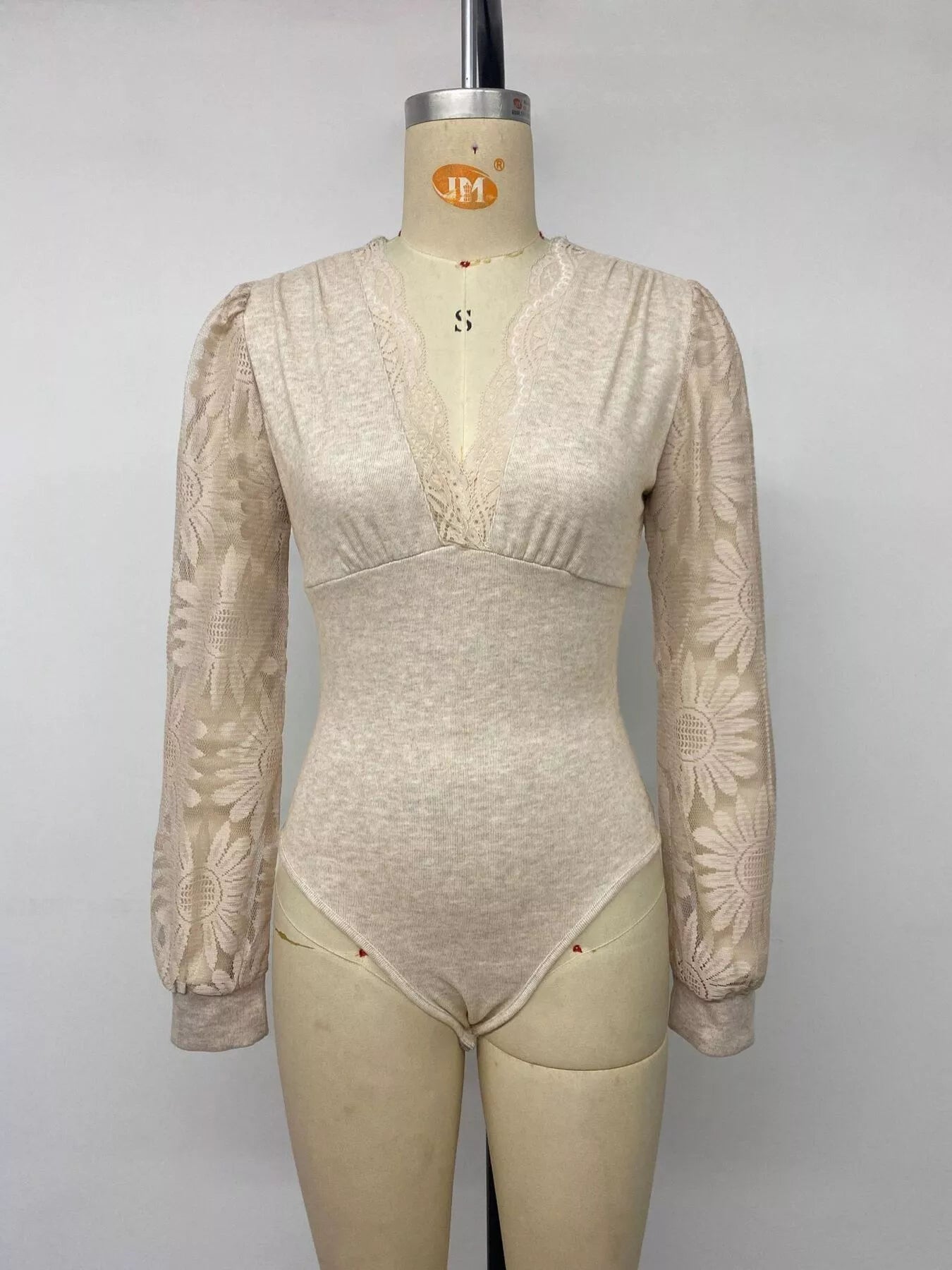 Trendsi V-Neck Lace Trim Floral Mesh Sleeve Bodysuit -