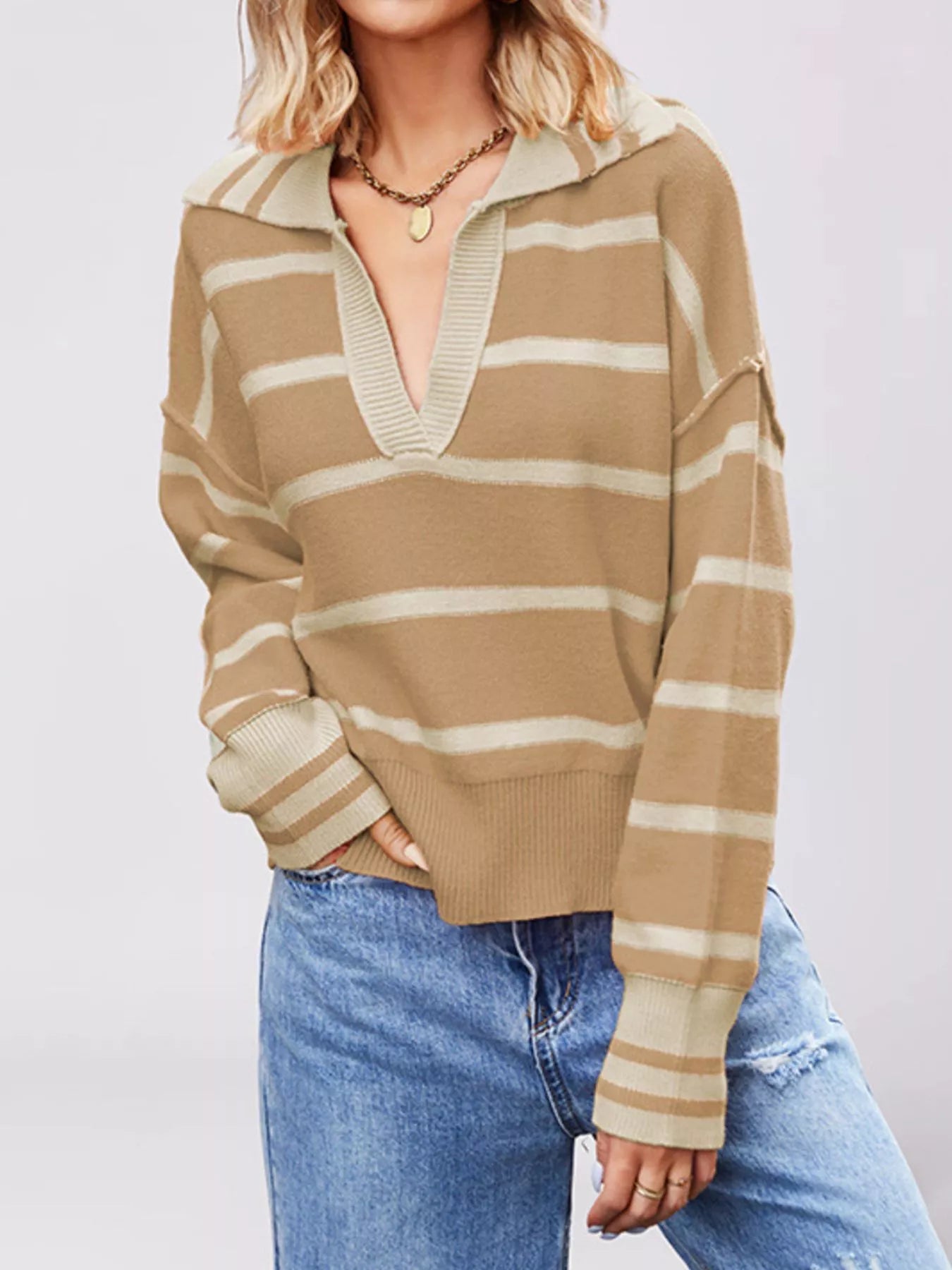 Trendsi Striped Johnny Collar Dropped Shoulder Sweater -