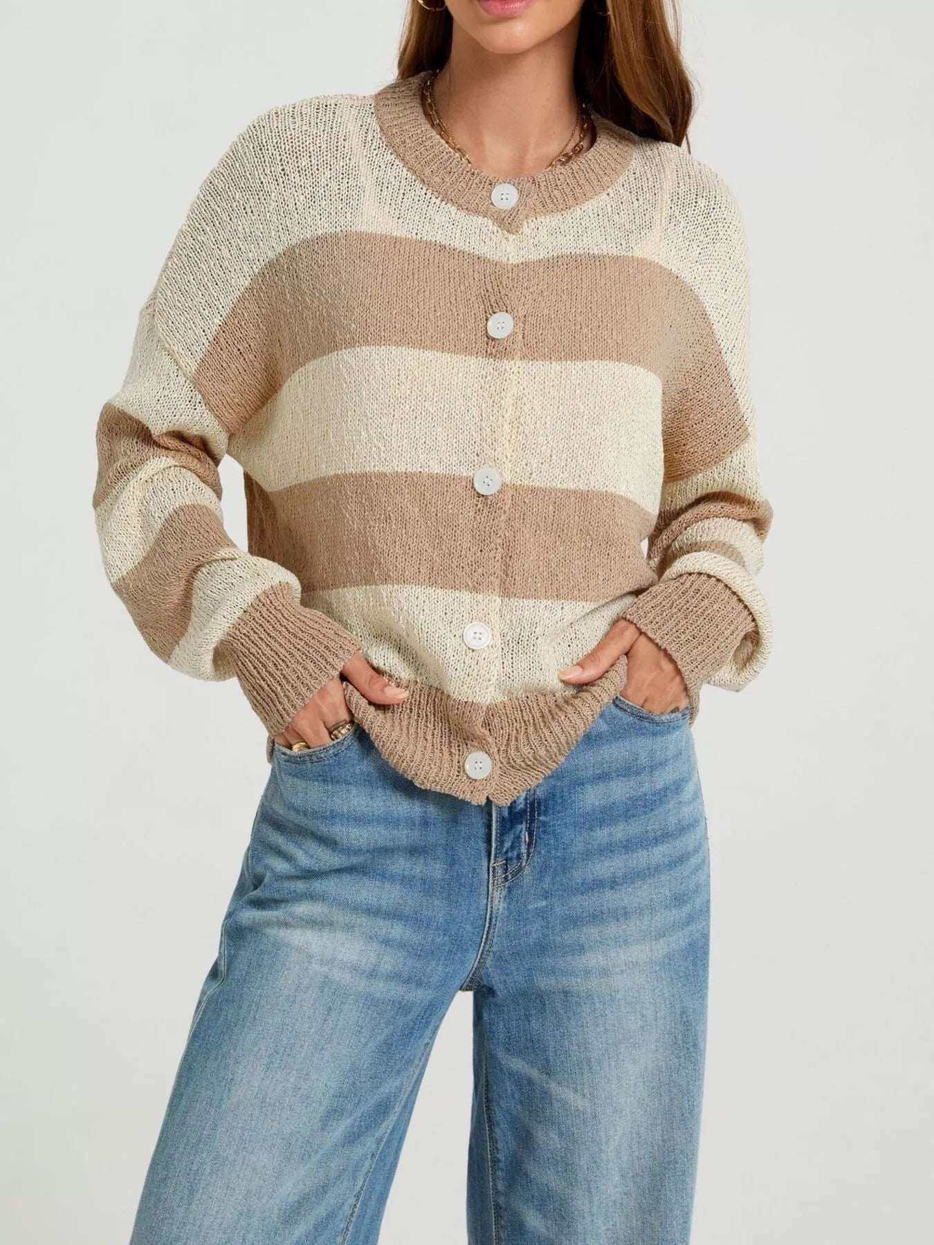 Trendsi Casual Striped Button-Down Knit Cardigan -
