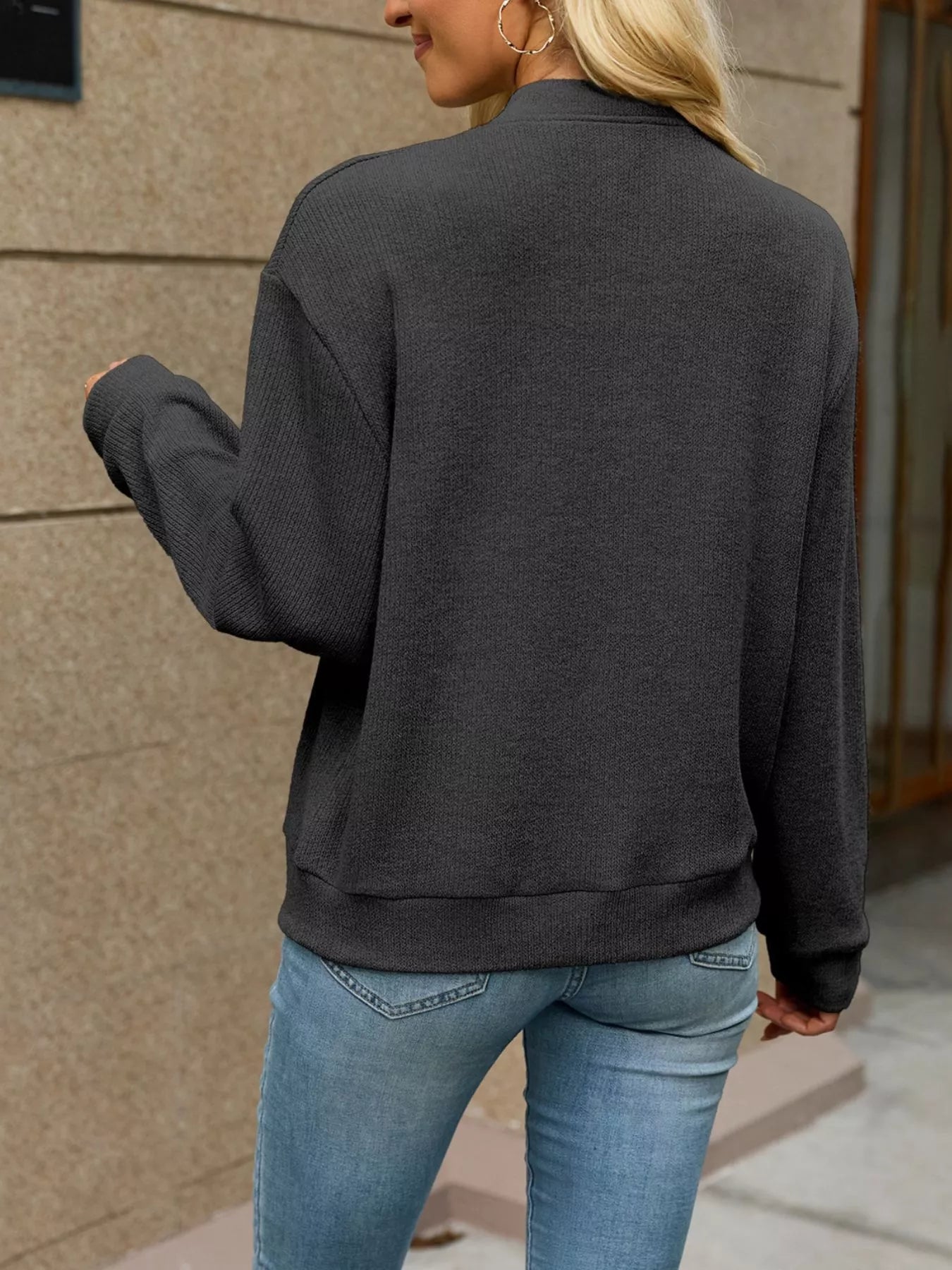 Trendsi Zip-Up Dropped Shoulder Top -