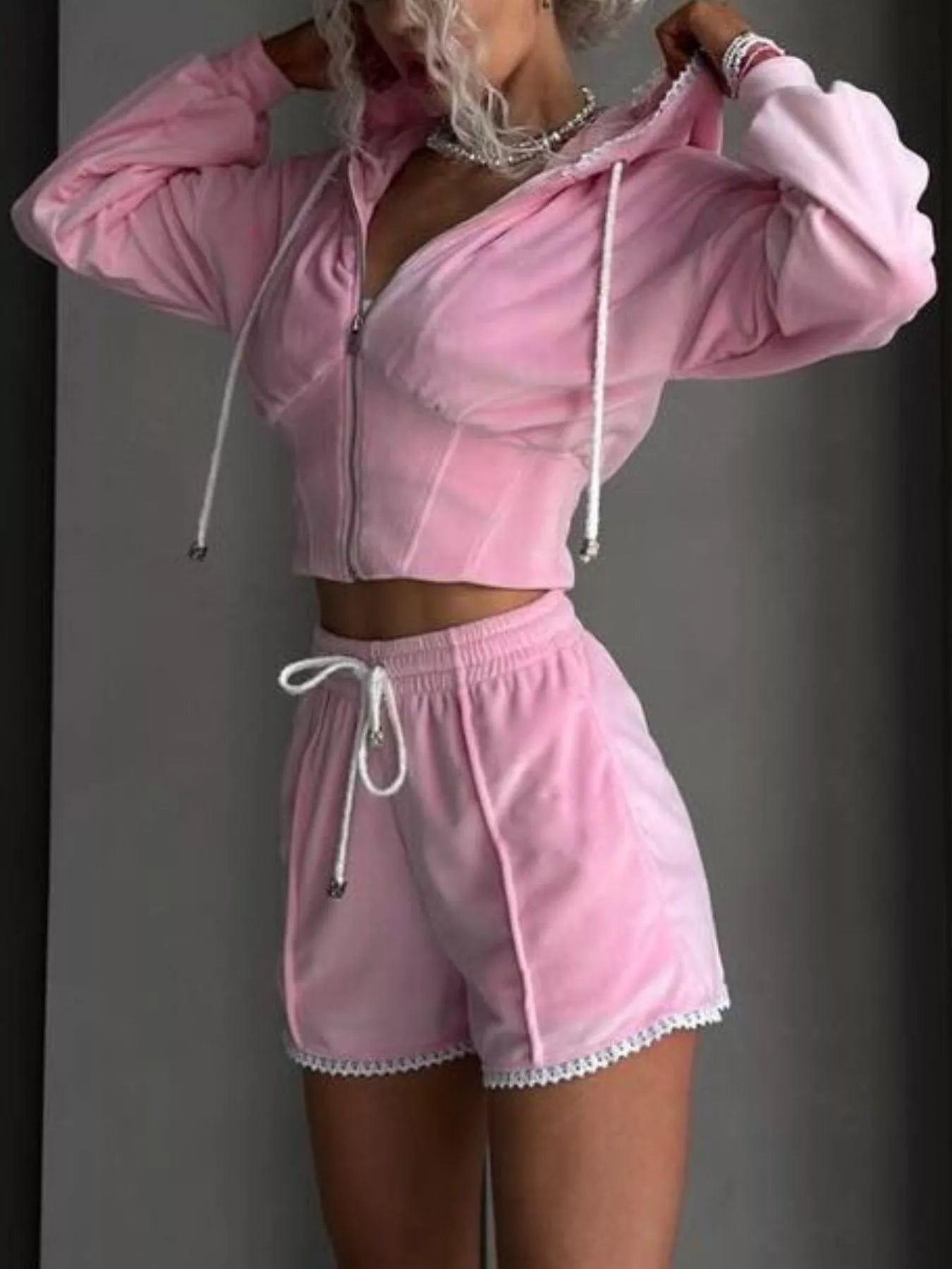 Trendsi Drawstring Zip-Up Hoodie and Shorts Set -