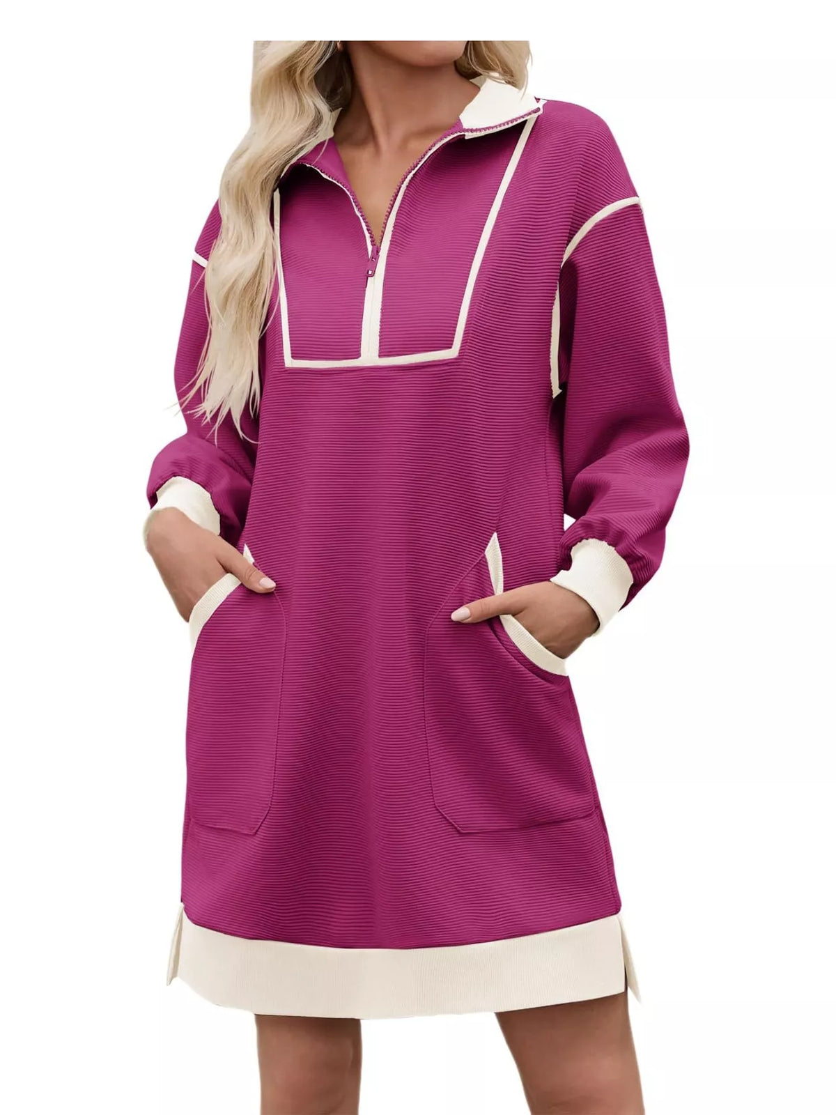 Purple color block quarter-zip sweatshirt dress — front view