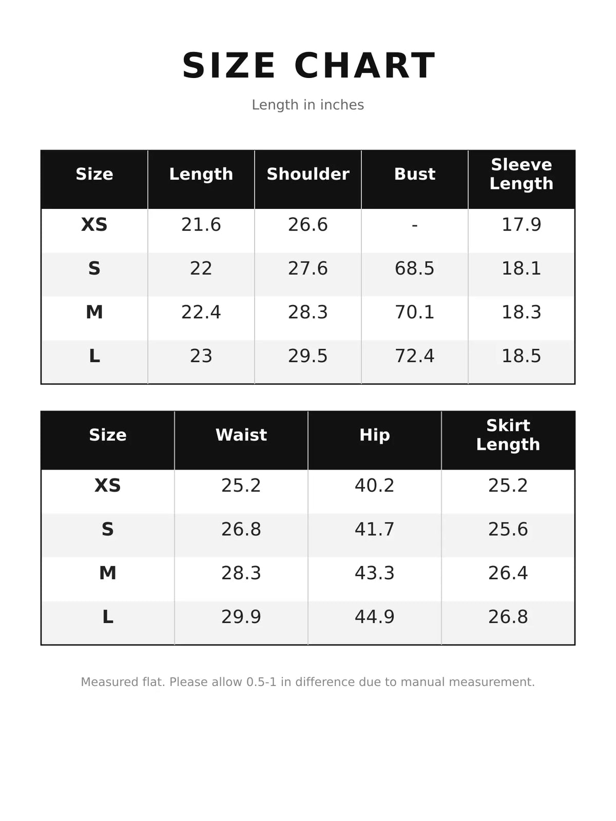 Size chart for oversized zip jacket